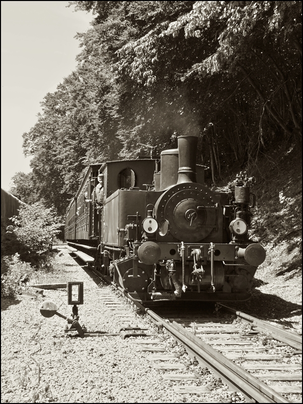 . Der Zug kommt! - Einfahrt des  Train 1900  in den Bahnhof von Fond de Gras. 16.06.2013 (Jeanny)

Bei dieser Zugzusammensetzung passt der Name der Museumsbahn  Train 1900  perfekt.
Die Lok N� 8 (ADI 8) aus dem Jahr 1900 war die erste Dampflok, die 1973 zur Museumsbahn kam und sie ist somit auch die Namensgeberin der Museumsbahn. Sie geh�rte vorher der H�tte HADIR Differdange und verrichtete bis 2007 unerm�dlich ihren Dienst bei der Museumsbahn. Dann �berliess sie anderen Dampfloks die Aufgabe die Z�ge des Train 1900 zu ziehen.

Bei einer Kontrolle des Kessels, wurde festgestellt, dass dessen Zustand im Grunde noch nicht so schlecht war und es wurde beschlossen, die sch�ne kleine Lok wieder aufzuarbeiten und erneut betriebsf�hig zu machen.

Nach 5 Jahren Arbeit drehte sie 2012 wieder ihre ersten Runden in Fond de Gras. Sie bekam ausserdem das original Farbkleid zur�ck, welches sie bei der HADIR in Differdange getragen hatte.

Zur Vervollst�ndigung hier noch die technischen Daten der Lok:
Hersteller: Hannoversche Maschinenfabrik - Georg Egestroff (sp�tere HANOMAG) 
Fabriknummer: 3431
Baujahr: 1900
Typ: (020 T) B2nt
Herkunft: ARBED (ex HADIR) Differdange

Bei den Wagen handelt es sich um belgische GCI Wagen: 

GCI steht f�r  Grande capacit� et intercirculation , d.h. grosses Platzangebot und �bergangsm�glichkeit zum Nachbarwagen, moderne Merkmale f�r Wagen, die ab 1890 in St�ckzahlen von mehreren tausend f�r die belgischen Staatsbahnen bis um 1920 gebaut wurden. Drei davon konnten in Belgien von der Museumsbahn erworben werden und bildeten die Zuggarnitur des Train 1900 im Jahre 1973. Jahrelang pr�gten sie sein Erscheinungsbild.

Seit der Saison 2005 ist die GCI Garnitur technisch wieder in Schuss und steht f�r Sonderfahrten und Filmaufnahmen zur Verf�gung. So wird die Erinnerung an Rollmaterial das einst sehr zahlreich war und von dem jetzt rund ein Dutzend Exemplare in sehr verschiedenem Erhaltungszustand �brig geblieben ist, lebendig gehalten.





