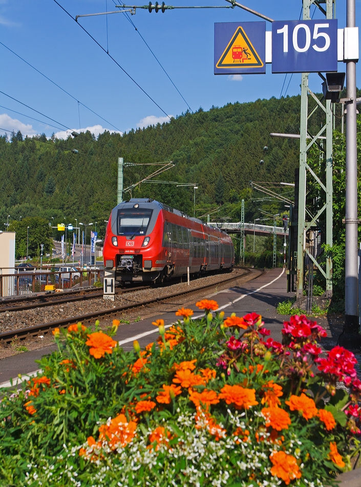442 262 / 762 viertieliger gekuppelte  Bombardier Talent 2 als RE 9 (rsx - Rhein-Sieg-Express) Siegen - K�ln - Aachen f�hrt am 04.08.2013 in den Bahnhof Betzdorf/Sieg ein.