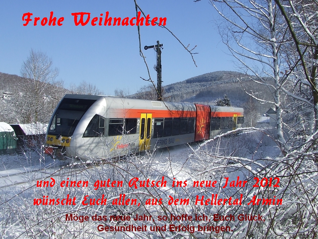 An alle Usern und deren Familien an dieser Stelle besinnliche und frohe Weihnachten und einen guten Rutsch ins neue Jahr.
---Zum Bild:
GTW 2/6 der Hellertalbahn am 14.02.2009 zwischen Struth�tten und Herdorf, KBS 462 - Hellerstrecke (Dillenburg-Haiger-Neunkirchen-Herdorf-Betzdorf). In Betzdorf besteht dann der Anschlu� an den RE 9 Rhein-Sieg-Express (KBS 460 - Siegstrecke) Aachen-K�ln-Siegen. 