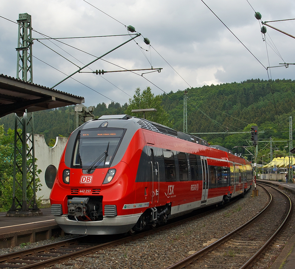 Da kommt er, mein erster Hamster auf der Siegstrecke - 442 257 und 442 260 (Zwei gekuppelte 4-teilige Talent 2) fahren am 12.06.2012 als RE 9 (rsx - Rhein-Sieg-Express) Siegen - K�ln - Aachen in den Bahnhof Betzdorf (Sieg) in ein.