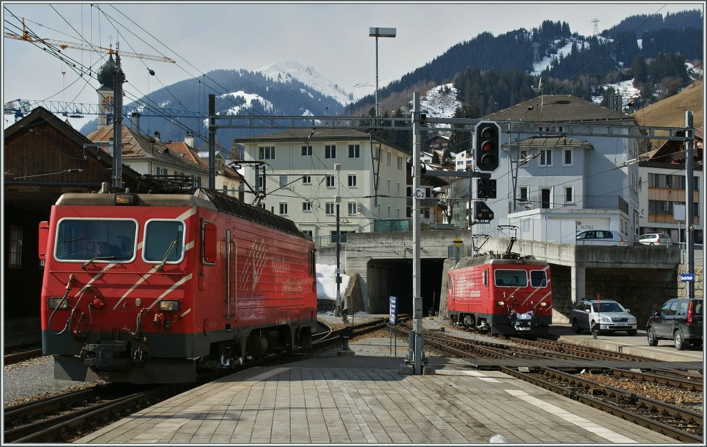 Der RhB Bahnhof ist fest in der Hand der MGB HGe 4/4 Loks.
15. M�rz 2013