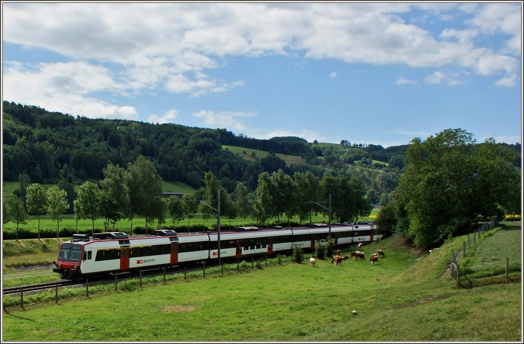 Ein Regionalzug von Lausanne nach Payerne kurz nach Moudon.
(12.07.2012)