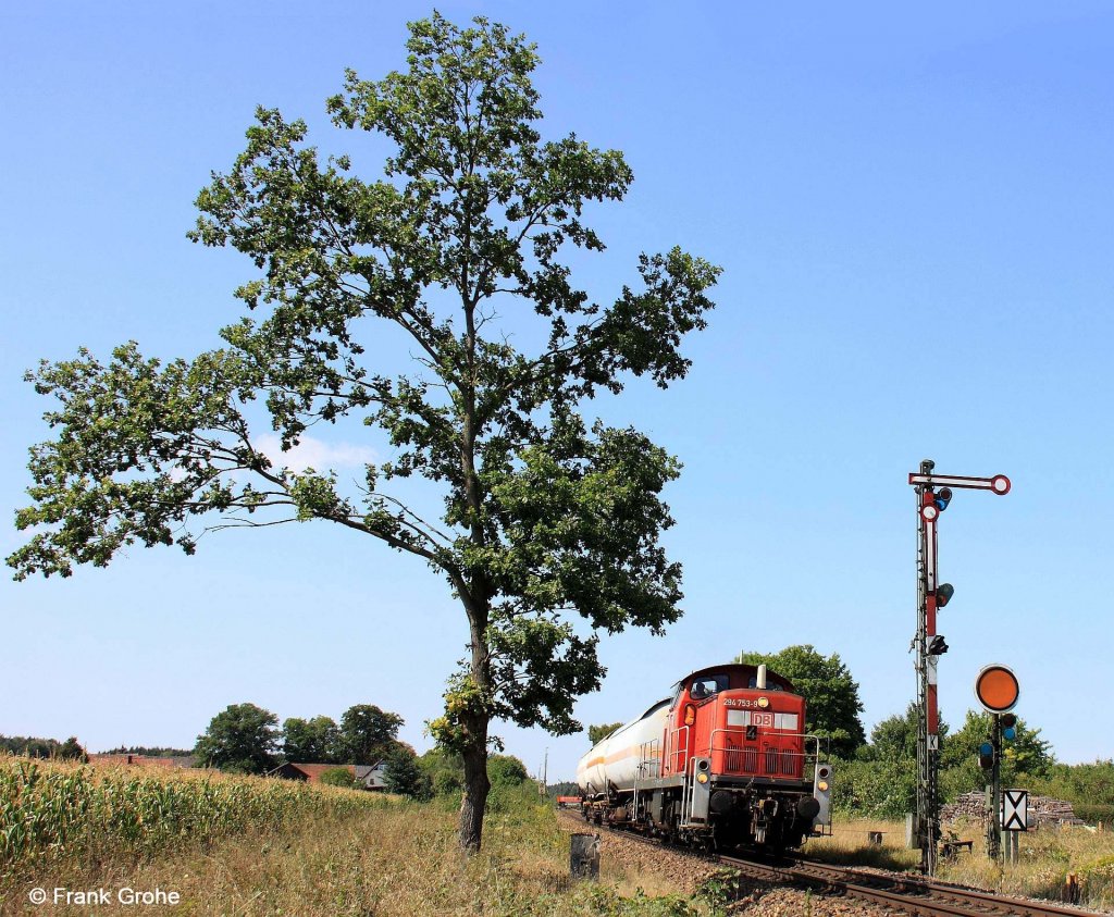Railion DB Logistics 294 753-9 f�hrt nach Bedienen des Anschlusses in Freih�ls wieder als �bergabe 56925 zur�ck nach Schwandorf, KBS 870 N�rnberg - Schwandorf, fotografiert bei der Ausfahrt Freih�ls am 23.08.2012 --> Auf speziellen Wunsch von Armin dieses schon auf der Hauptseite eingestellte Foto hier nochmals mit komplettem Baum! Ich bin gespannt darauf, welches besser gef�llt!