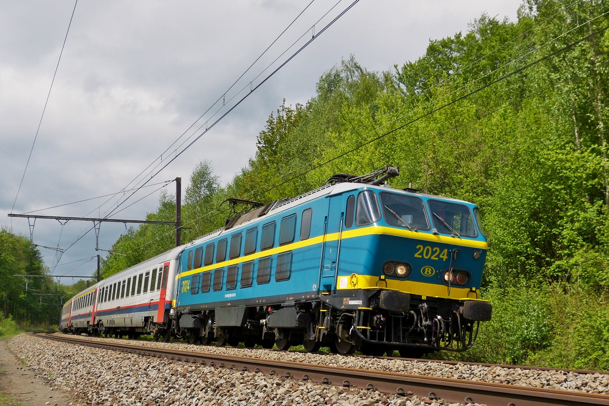 . Adieu S�rie 20 - W�hrend der vom Verein PFT/TSP organisierten Abschiedsfahrt f�r die SNCB S�rie 20 wurde in der N�he von Ghlin eine Scheinanfahrt inszeniert und so konnte ich die wundersch�ne HLE 2024 mit ihrer I 6 Wagengarnitur dort ablichten. 11.05.2013 (Hans) 