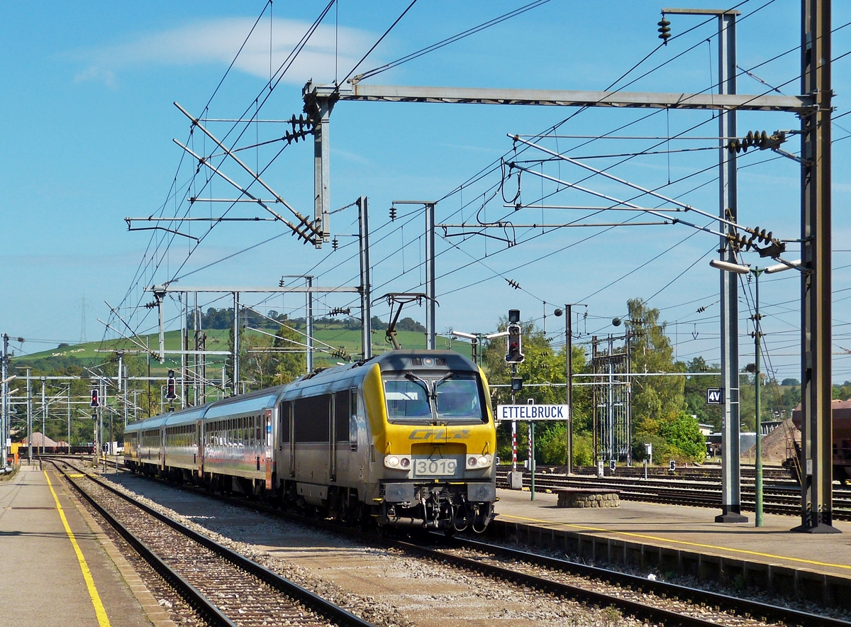 . Bedingt durch Bauarbeiten zwischen Ettelbr�ck und Mersch verkehrte der IR 115 Liers - Luxembourg am 12.09.2014 nur bis Ettelbr�ck. Die 3019 zieht den Zug in den Bahnhof von Ettelbr�ck, wo er bildlich festgehalten wurde. (Hans) 