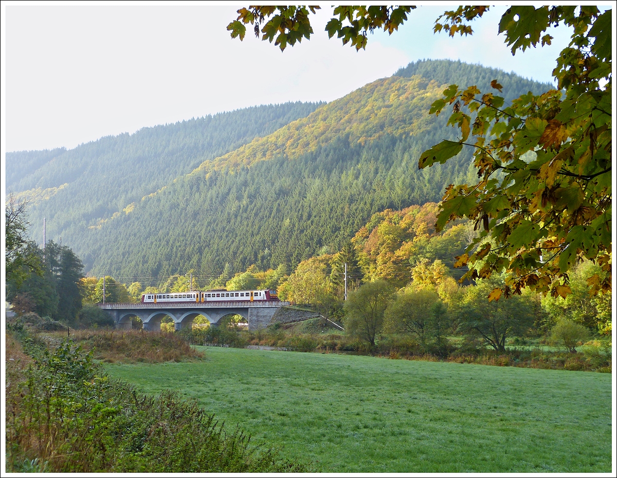 . Goldener Oktober - Am noch etwas dunstigen Morgen des 19.10.2013 f�hrt der Z 2017 als RB 3235 Wiltz - Luxembourg �ber die Sauerbr�cke in Michelau. (Jeanny)
