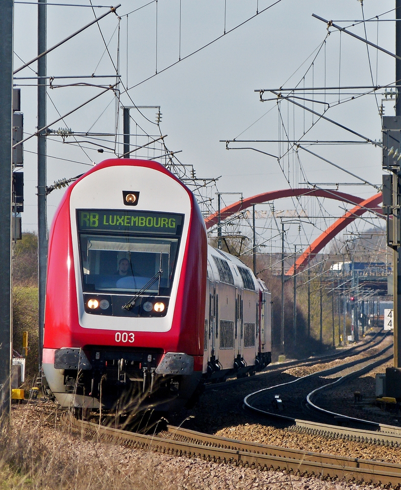 . Hoffentlich st�ren die filigranen Grashalme nicht den Gesamteindruck des CFL Wendezuges bei der Einfahrt in den Bahnhof von Noertzange. 24.02.2014 (Jeanny)