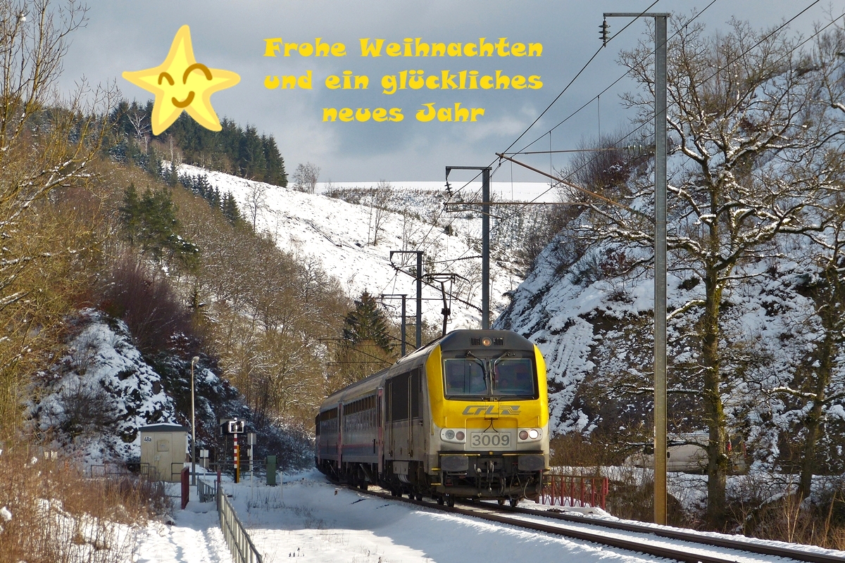 . Mir diesem winterlichen Foto m�chten wir allen gesegnete Weihnachten und alles Gute f�r das kommende Jahr w�nschen. Das Bild wurde am 04.02.2015 zwischen Maulusm�hle und Sassel aufgenommen und zeigt die 3009 an der Spitze des IC 113 Luxembourg - Liers.