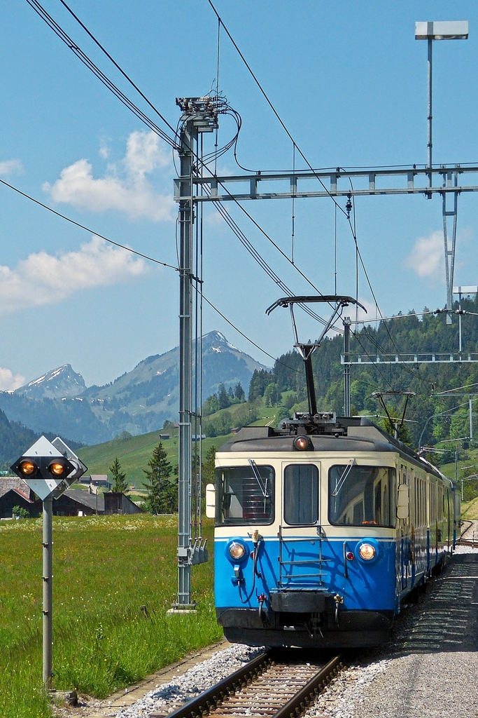 . Zugbegegnung in Flendruz - Ein sch�ner MOB ABDe 8/8 f�hrt am 25.05.2012 an der Kreuzungsstelle in Flendruz am Golden Pass Panoramic Zug vorbei. (Jeanny)