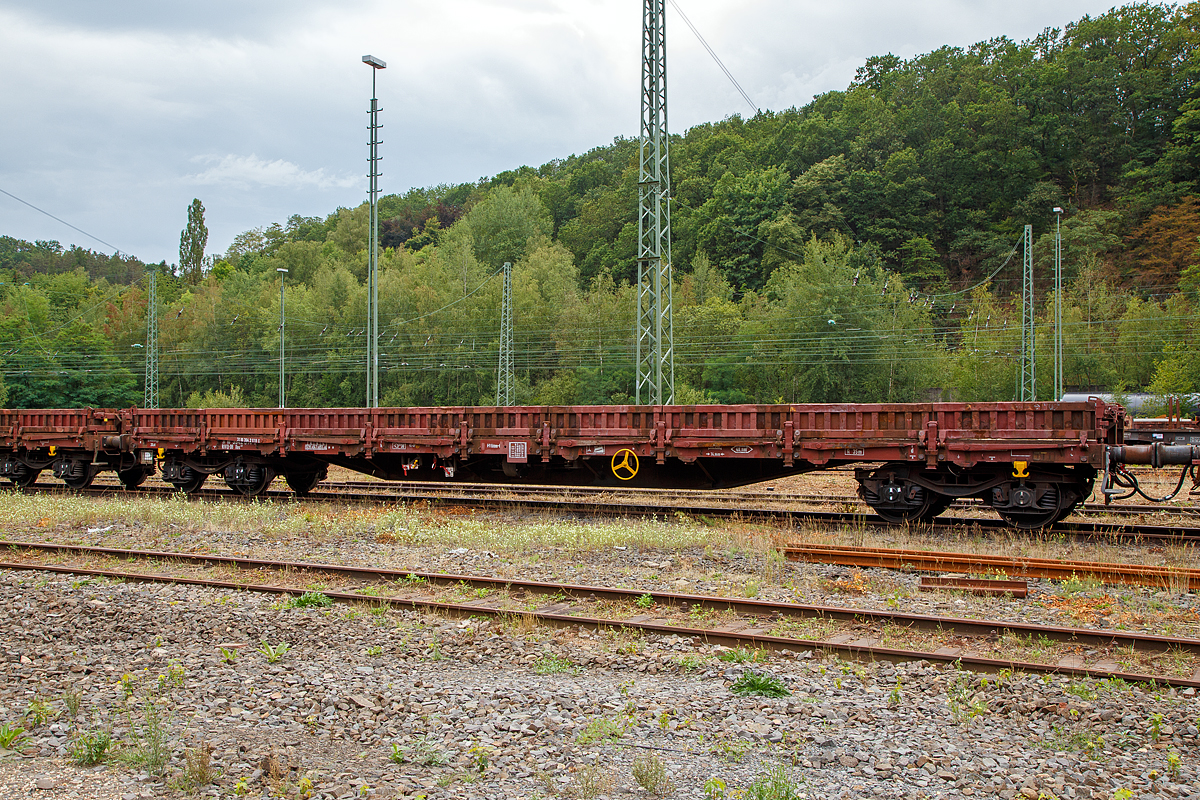 4-achsiger Drehgestell-Flachwagen, mit Seiten- und Stirnwandklappen und mit Rungen, 31 80 3942 618-0 D-DB, der Gattung Res 677, der DB Cargo Deutschland AG, abgestellt am 09.08.2019 in Betzdorf/Sieg.

Mit einer Ladel�nge von 18,50 m dienen diese Wagen zur Bef�rderung von schweren Walzprofilen und von anderen sperrigen und schweren G�tern sowie Fahrzeugen und Sch�ttg�tern. Das Untergestell ist als Schwei�konstruktion unter Verwendung von Walzprofilen und Blechen ausgebildet. F�r alle tragenden Bauteile wurde Stahl der G�te St 52-3 verwendet. Der Wagen ist mit zwei Stirnwandklappen und mit 18 Seitenwandklappen ausger�stet. Die Klappen sind in Stahlausf�hrung hergestellt. Die Stirnwandklappen k�nnen mit Fahrzeugen bis zu einer Radkraft von 50 kN (5 t) befahren werden. Der Wagen ist auf jeder Wagenl�ngsseite mit 8 Drehrungen und 8 versenkbaren Gleitrungen ausger�stet. An jeder Wagenstirnseite sind zwei Fallrungen angeordnet. Der Fu�boden besteht aus 56 mm dicken Kiefernholzbohlen. Er kann mit Fahrzeugen bis zu einer Radkraft von 50 kN befahren werden. Der Wagen hat keine Ladeschwellen. Mit heruntergeklappten Seitenw�nden kann der Wagen nur mit Ladema��berschreitung bef�rdert werden. Der Wagen ist mit einer vom Boden aus bedienbaren Feststellbremse ausger�stet, die auf alle 4 Rads�tze wirkt.

TECHNISCHE DATEN:
Spurweite: 1.435 mm (Normalspur)
Gattung/Bauart: Res 677
Anzahl der Achsen: 4 in 2 Drehgestellen
L�nge �ber Puffer: 19.900 mm
Drehzapfenabstand:  14.860 mm
Achsabstand in den Drehgestellen: 1.800 mm
Eigengewicht: 24.600 kg
Ladel�nge: 18.500 mm
Ladefl�che: 48,8 m�
H�he Fu�boden: 1.247 mm
Maximale Ladegewicht: 55,0 t (Streckenklasse C)
H�chstgeschwindigkeit: 100 km/h (beladen) / 120 km/h (leer)
Kleinster befahrbarer Gleisbogenhalbmesser: R 35 m
Feststellbremse: ja
Bremse: KE-GP (LL)
Bremssohle: IB 116
Intern. Verwendungsf�higkeit:  RIV