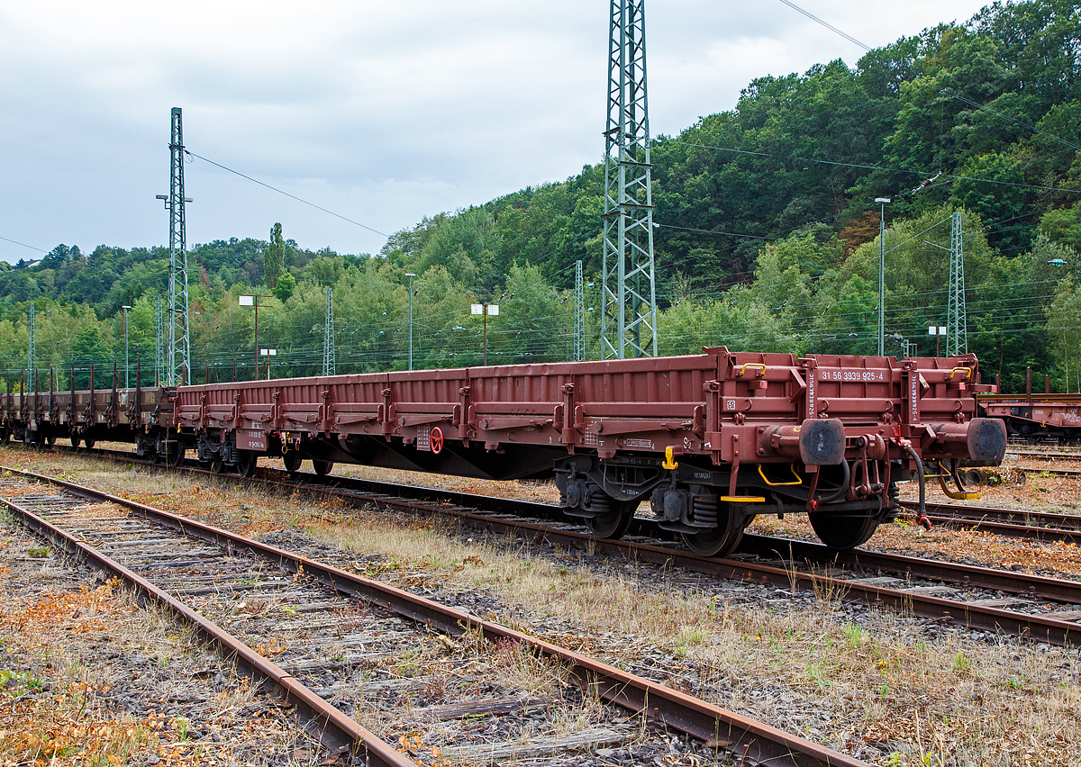 4-achsiger Drehgestell-Flachwagen, mit Seiten- und Stirnwandklappen und mit (Dreh-)Rungen, 31 56 3939 925-4 SK-CWAG, der Gattung Res, der 
slowakischen Vermietungsfirma Cargo Wagon a.s. abgestellt am 09.08.2019 in Betzdorf/Sieg.

Mit einer Ladel�nge von 18,50 m dienen diese Wagen zur Bef�rderung von schweren Walzprofilen und von anderen sperrigen und schweren G�tern sowie Fahrzeugen und Sch�ttg�tern. Der Wagen ist mit zwei Stirnwandklappen und mit 18 Seitenwandklappen ausger�stet. Die Klappen sind in Stahlausf�hrung hergestellt. Die Stirnwandklappen k�nnen mit Fahrzeugen bis zu einer Radkraft von 50 kN befahren werden.Vor den umlegbaren Stirnw�nden sind je zwei absenkbare Rungen angeordnet. Der Wagen kann mit umgelegten Stirnw�nden und abgesenkten Rungen gefahren werden. An jeder L�ngsseite hat der Wagen 8 Drehrungen, 8 versenkbaren Gleitrungen und insgesamt 18 absenkbare Verzurreinrichtungen im Fu�boden. Mit heruntergeklappten Seitenw�nden kann der Wagen nur mit Ladema��berschreitung bef�rdert werden. Der Fu�boden besteht aus Kiefernbohlen mit den Abmessungen 48 x 180 mm. Er kann eine Radlast von 5,0 t aufnehmen. Ein Teil der Wagen ist mit einer vom Boden aus bedienbaren Feststellbremse ausger�stet.

TECHNISCHE DATEN:
Spurweite: 1.435 mm (Normalspur)
Gattung/Bauart: Res
Anzahl der Achsen: 4 in 2 Drehgestellen
L�nge �ber Puffer: 19.900 mm
Drehzapfenabstand:  14.860 mm
Achsabstand in den Drehgestellen: 1.800 mm
Eigengewicht: 23.700 kg
Ladel�nge: 18.500 mm
Ladefl�che: 49,3 m�
H�he Fu�boden: 1.236 mm
Maximale Ladegewicht: 56,3 t (Streckenklasse C)
H�chstgeschwindigkeit: 100 km/h (beladen) / 120 km/h (leer)
Kleinster befahrbarer Gleisbogenhalbmesser: R 55 m
Feststellbremse: ja
Bauart der Bremse: DK – GP  SZ 12
Intern. Verwendungsf�higkeit:  RIV