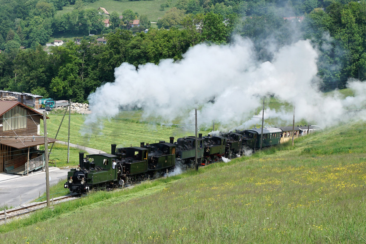 50 Jahre �Museumsbahn Blonay-Chamby�
1968 bis 2018
MEGA STEAM FESTIVAL VOM 19. MAI 2018
Das Highlight des Tages.
MIT VOLLDAMPF IN DIE N�CHSTEN F�NFZIG JAHRE.
Museumszug mit folgenden sieben Dampflokomotiven:
G 3/3 5, 1890 LEB
G 3/3 909 / 6, 1901 JS / BAM
G 3/4 208, 1913 CFF
G 2x 2/2 E164, 1905 CP
G 2x 2/2 105, 1918 SEG
HG 3/4 4, 1913 FO
HG 3/4 3, 1913 BFD
Foto: Walter Ruetsch
