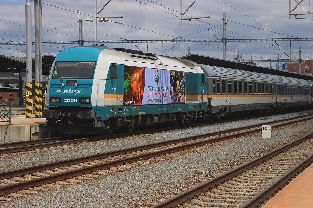ALEX/Länderbahn/Netinera 223 064 steht am 30 Mai 2025 mit der Zapadny-Express nach München Hbf abfahrtbereit in Plzen hl.n. -der Hercules wird jedoch in Regensburg von einer Taurus abgelöst.