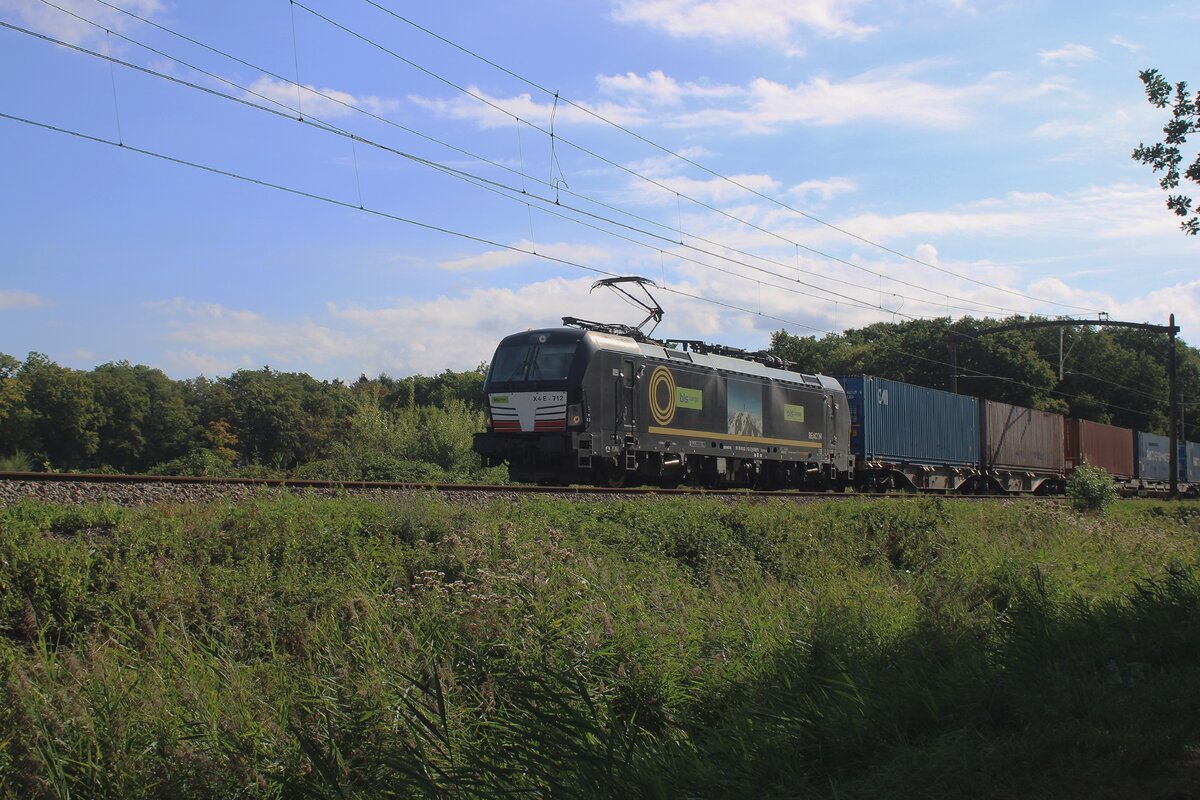 Am 21 Augustus 2025 dönnert BLS X4E-712 mit der P&O Novara KLV durch Tilburg Oude Warande.