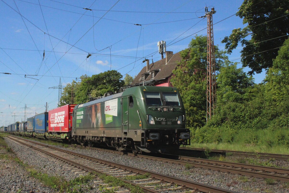 Am 9 Mai 2025 schleppt CFL Cargo 188 065 ein Containerzug durch Lintorf.