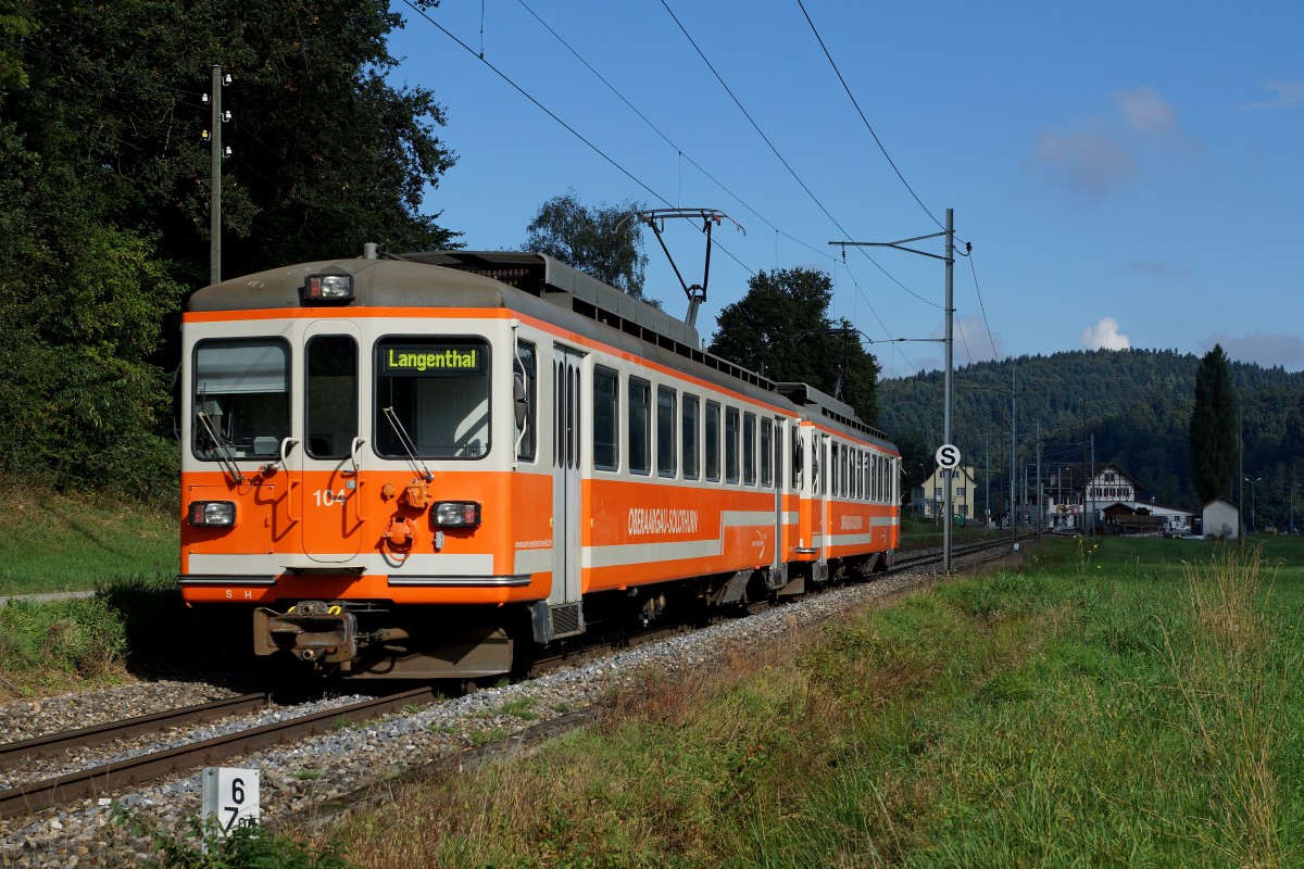 ASm: Eiserne Reserve bestehend aus den Be 4/4 104 und Be 4/4 103 (ehemals BTI/SZB) bei St. Urban Ziegelei am 24. September 2015 auf der Fahrt nach Langenthal.
Foto: Walter Ruetsch