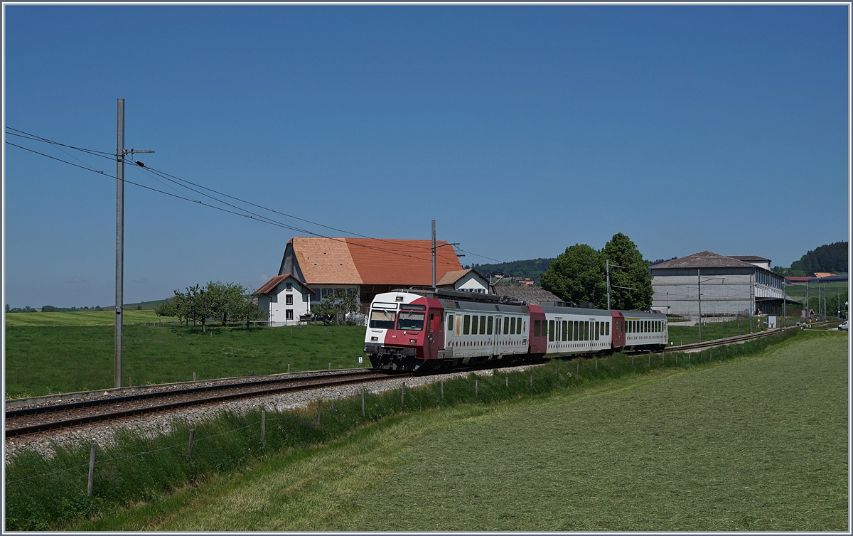 Ausgangs von Sâles, bei Vers chez Seydoux ist der TPF RBDe 567 182 mit seinem Pendelzug auf dem Weg nach Bulle. 

19. Mai 2020