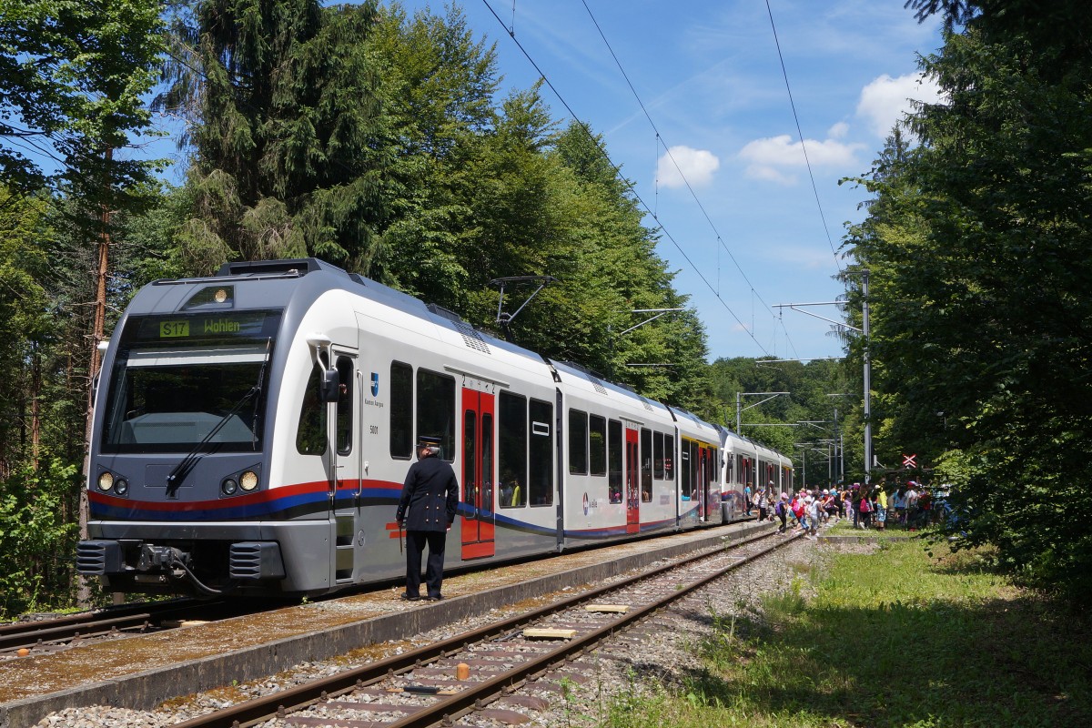 BDWM/DVZO/DBB: Ueber das Wochenende vom 26. bis 28. Juni 2015 verabschiedete sich die BDWM nach 140 Jahren vom Anschluss an das Europ�ische Normalspurnetz, weil durch die Aufhebung des G�terverkehrs auf normaler und schmaler Spur das Dreischienengeleise zwischen Wohlen und Bremgarten West nutzlos geworden ist. Mit dem WESCHTF�SCHT und vielen Sonderfahrten nahmen Sch�ler und eine grosse Anzahl Festbesucher Abschied vom Dreischienengeleise auf diesem reizenden Streckenabschnitt. ABe 4/8 Doppeltraktion  DIAMANT  auf der Station Erdmannlistein am 26. Juni 2015.
Foto: Walter Ruetsch