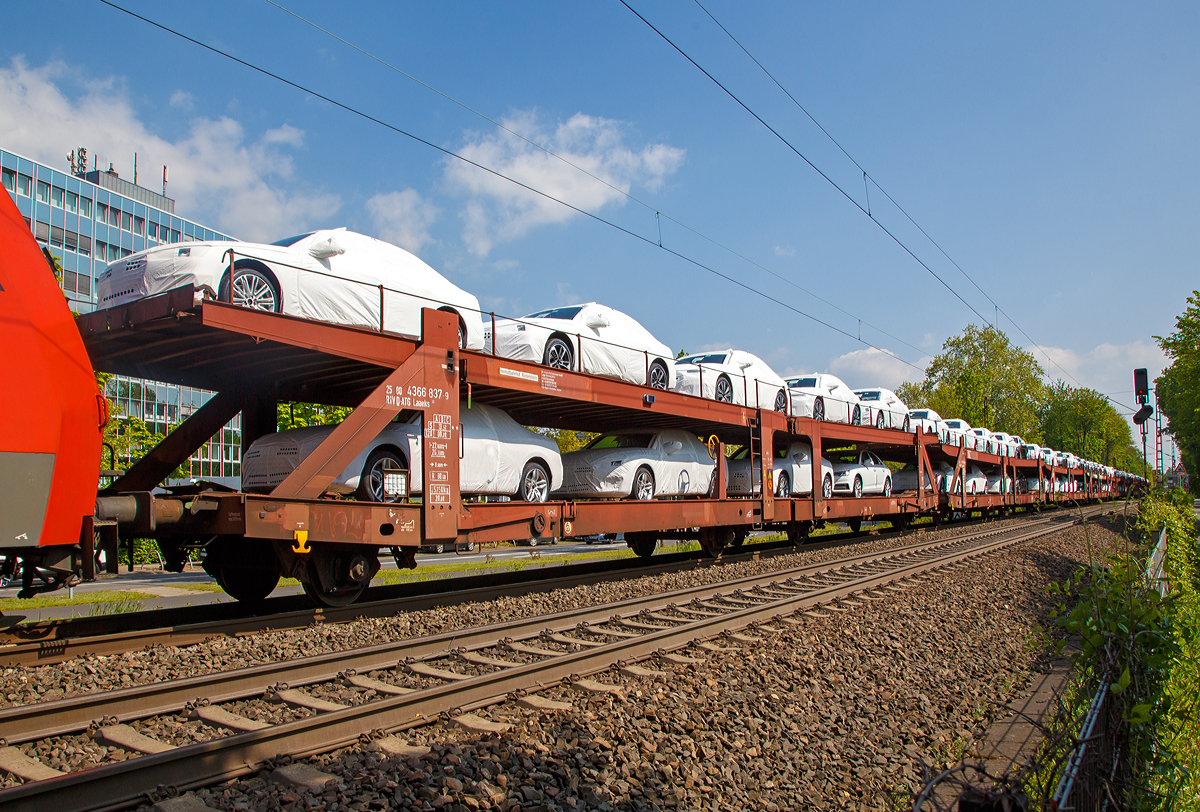 
Beladener vierachsiger Doppelstock-Autotransportwagen 25 80 4366 837-9 D-ATG der Gatttung Laaeks 553 der DB Cargo Logistics GmbH (ex ATG Autotransportlogistic GmbH) am 30.04.2019 im Zugverband bei der Durchfahrt in Bonn-Gronau (n�he dem Bf Bonn UN Campus).

Auch wenn der Heimatbahnhof der Transportwagen R�sselsheim ist, so ist das Ladegut eher aus Ingolstadt.

Bauart 553 und 556 – mit verstellbarer oberer Ladeebene an den Wagenenden

Die zuverl�ssigen und robusten Wagen dieser Bauarten wurden f�r den internationalen Transport von PKW entwickelt. Die obere Ladeebene kann zur Be- und Entladung sowie f�r den Transport in drei verschiedene Positionen gestellt werden.

Zur Be- und Entladung der oberen Ladeebene an Kopframpen k�nnen die Wagenenden aus der Transportstellung in die sogenannte Rampenstellung abgesenkt beziehungsweise angehoben werden. Des Weiteren k�nnen die Wagenenden der oberen Ladeebene in die Beladestellung angehoben werden. Hierdurch wird die maximale Durchfahrtsh�he f�r die Be- und Entladung der Fahrzeuge auf der unteren Ladeebene realisiert.

TECHNISCHE DATEN:
Gattung: Laaeks 553
Spurweite: 1.435 mm
Anzahl der Achsen: 4
L�nge �ber Puffer : 27.000 mm
Ladel�nge : 26.100 mm (unten) / 26.500 mm (oben)
Ladebreite : 3.000 mm (unten) / 2.910 mm (oben)
Wagenh�he: 3.400 mm
H�chstgeschwindigkeit: 100 km/h (120 km/h leer)
Eigengewicht: 25.750 kg
Nutzlast: 18,5 t (unten max. 12 t / oben max. 10 t)
Abstand der �u�eren Rads�tze: 22.300 mm (9.000 / 4.300 / 9.000 mm)
Kleinster befahrb. Gleisbogenhalbmesser: 80 m