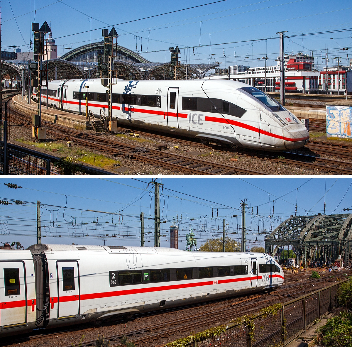 
Bild 1
Als ICE 610 von München Hbf nach Dortmund Hbf, verlässt der zwölfteilige (Konfiguration K3s) ICE4 Triebzug (Tz) 9004 (93 80 5812 004-0 D-DB ff.) am 21.04.2019 den Hauptbahnhof Köln.
Hier oben und unten der:
Wagen-Nr. 1 – Bpmdzf antriebsloser 2. Klasse Steuerwagen 93 80 5812 004-0 D-DB.

