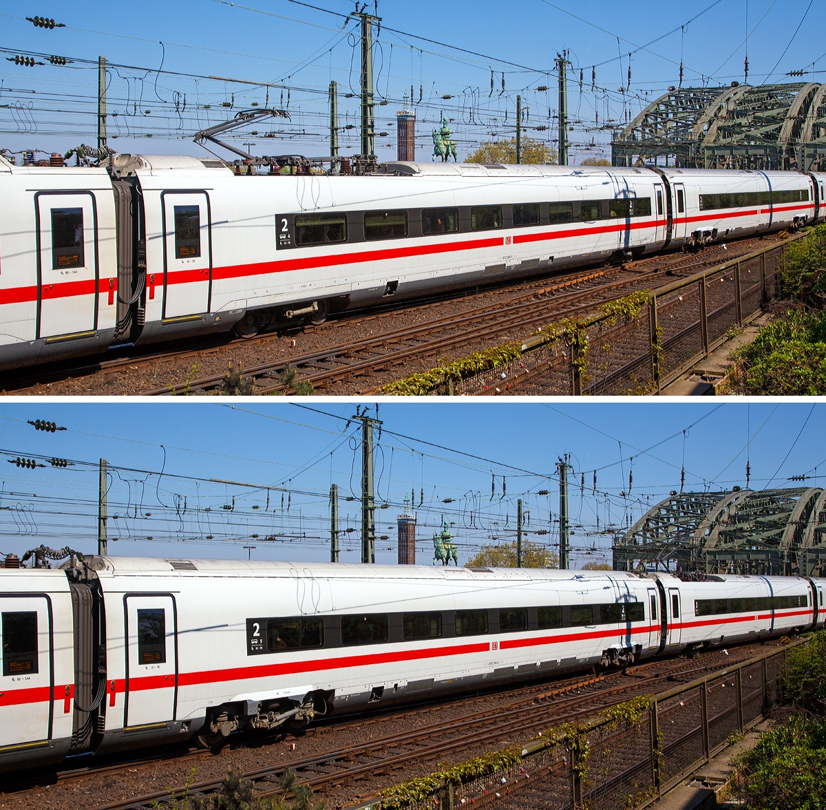 
Bild 3:
Als ICE 610 von M�nchen Hbf nach Dortmund Hbf, verl�sst der zw�lfteilige (Konfiguration K3s) ICE4 Triebzug (Tz) 9004 (93 80 5812 004-0 D-DB ff.) am 21.04.2019 den Hauptbahnhof K�ln.

Oben:
Wagen-Nr. 4 – Bpmz antriebsloser 2. Klasse Mittelwagen mit Stromabnehmer 93 80 4812 004-3 D-DB
Unten:
Wagen-Nr. 5 – Bpmz angetriebener 2. Klasse Mittelwagen (Powercar) 93 80 2412 304-5 D-DB.
