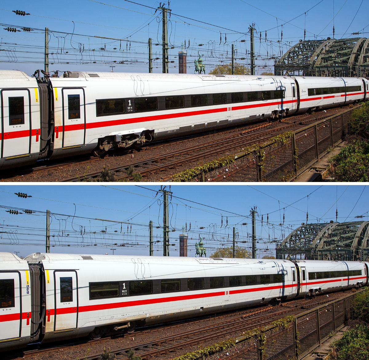 
Bild 6:
Als ICE 610 von München Hbf nach Dortmund Hbf, verlässt der zwölfteilige (Konfiguration K3s) ICE4 Triebzug (Tz) 9004 (93 80 5812 004-0 D-DB ff.) am 21.04.2019 den Hauptbahnhof Köln.

Oben:
Wagen-Nr. 11 – Apmz angetriebener 1. Klasse Mittelwagen (Powercar) 93 80 1412 004-3 D-DB.
Unten:
Wagen-Nr. 12 – Apmz antriebsloser 1. Klasse Mittelwagen mit 93 80 1812 004-9 D-DB.
