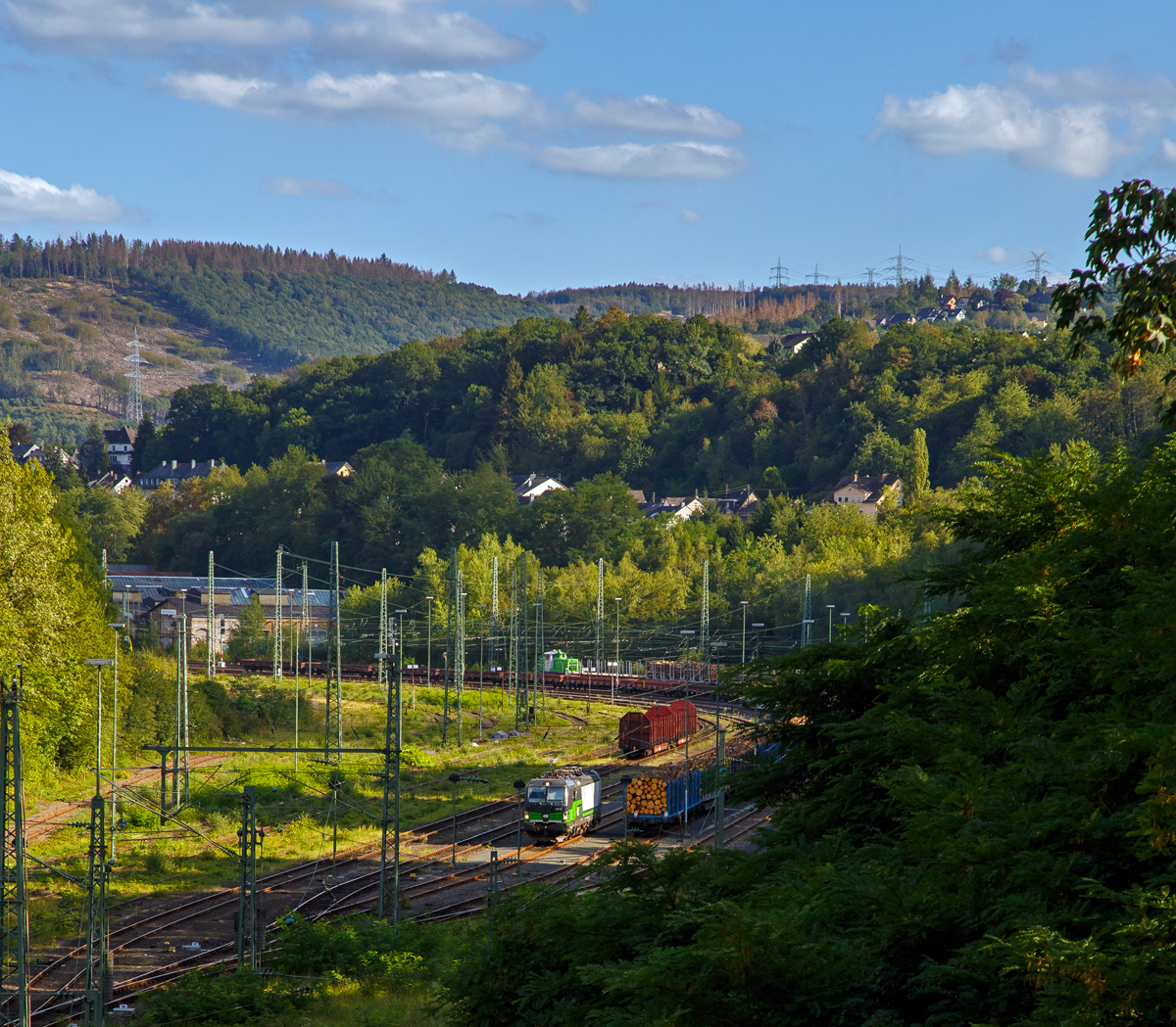 
Blick auf den Rangierbahnhof Betzdorf (Sieg) am 27.08.2020:
Eine Vectron steht bereit um einen Holzzug zu übernehmen, während im Hintergrund die SETG V60.01 (98 80 3361 234-8 D-SRA), ex DB V 60 1234, mit einem Holzzug ankommt.

Zurzeit streben in der Region fast alle Fichten, durch den Befall des Borkenkäfers und die drei Jahr dürre in folgen, ab und müssen alle abgeholzt werden.
