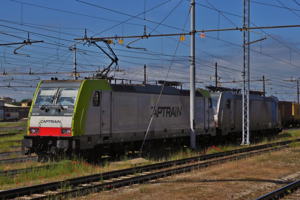 Captrain Lok 483 301 fährt als Lok Zug durch den Güterbereich des Bahnhofes von Verona. 09.05.2025