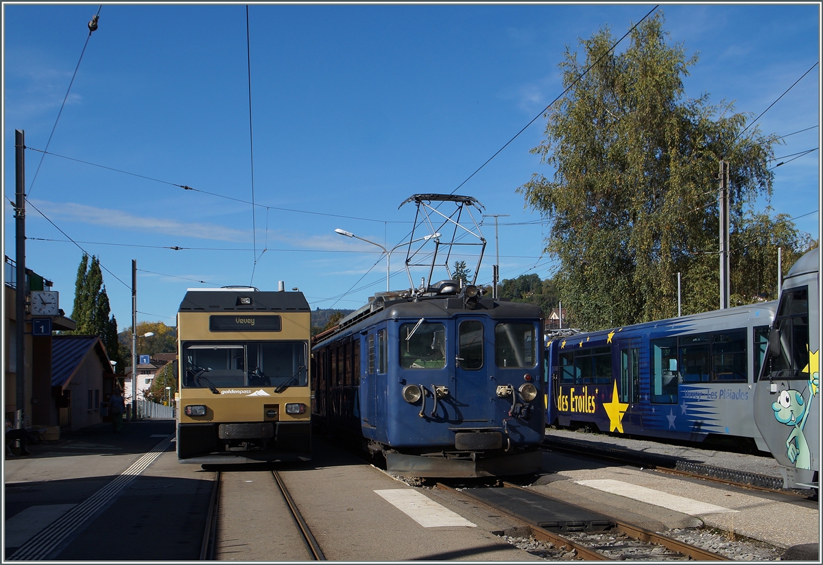 CEV GTW Be 2/6 7003 und MOB BDe 4/4 3004 in Blonay.
14. Okt. 2014
