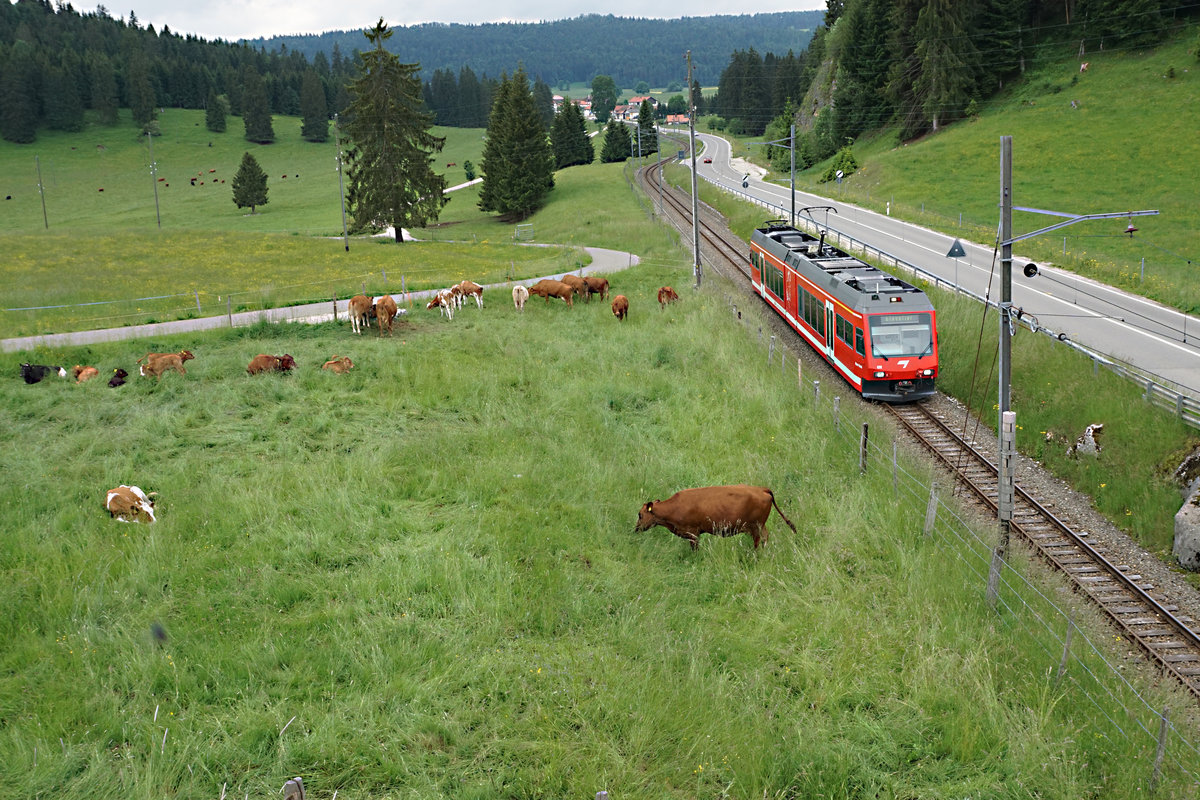 Chemins de fer du Jura, CJ.
Regionalzug Le Bois - Saignelégier mit ABe 2/6 632 bei Muriaux unterwegs am 5. Juni 2018.
Foto: Walter Ruetsch 