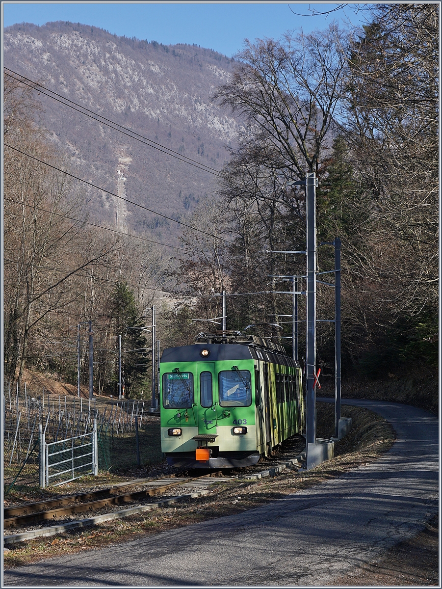 Der ASB Regionalzug 432, bestehend aus dem BDe 4/4 403 und dem Bt 432 im Wald oberhalb von Aigle kurz vor Verschiez. 

23. Feb. 2019