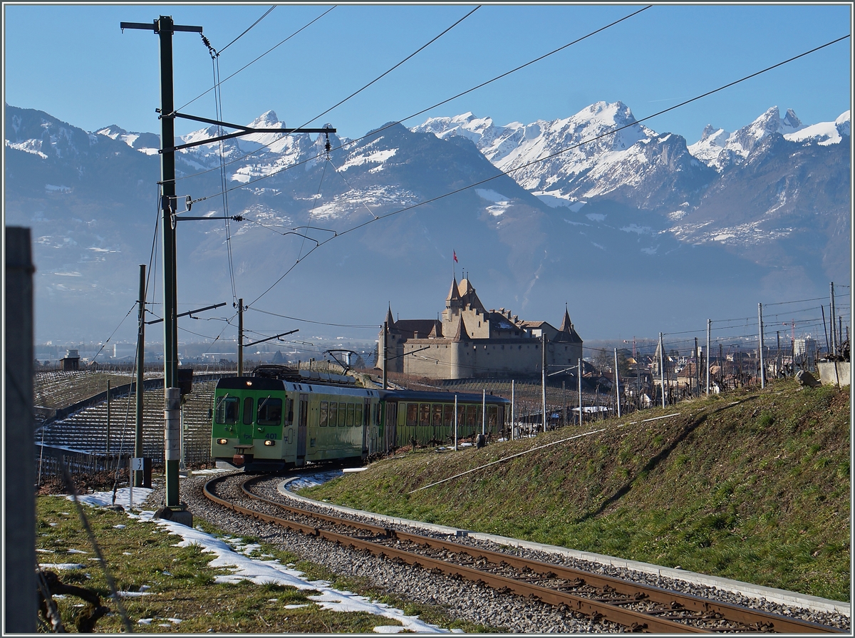 Der ASD BDe 4/4 401 mit Bt auf der Fahrt Richtung Les Diablerets oberhalb von Aigle mit dem Ch�teau d'Aigle im Hintergrund.
25. Jan. 2016