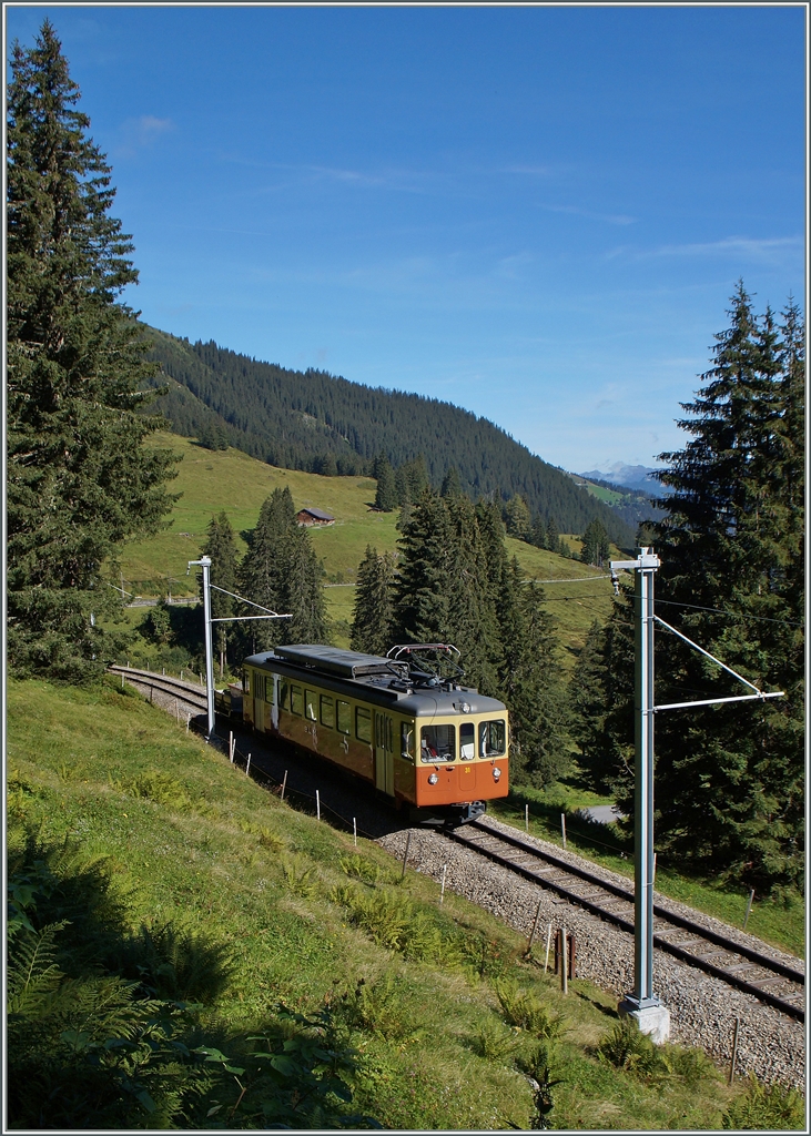 Der BLM Be 4/4 31  Lisi  als Regionalzug zwischen Grütschalp und Winteregg.
28. August 2014