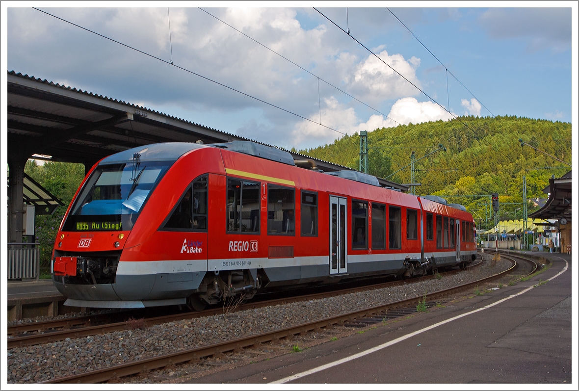 Der Dieseltriebwagen Alstom Coradia LINT 41  (648 701 / 201) der DreiL�nderBahn (DB Regio) als RB 95  Sieg-Dill-Bahn  (Dillenburg-Siegen-Betzdorf/Sieg-Au/Sieg) hat am 18.08.2013 den Bahnhof Betzdorf (Sieg) erreicht.
