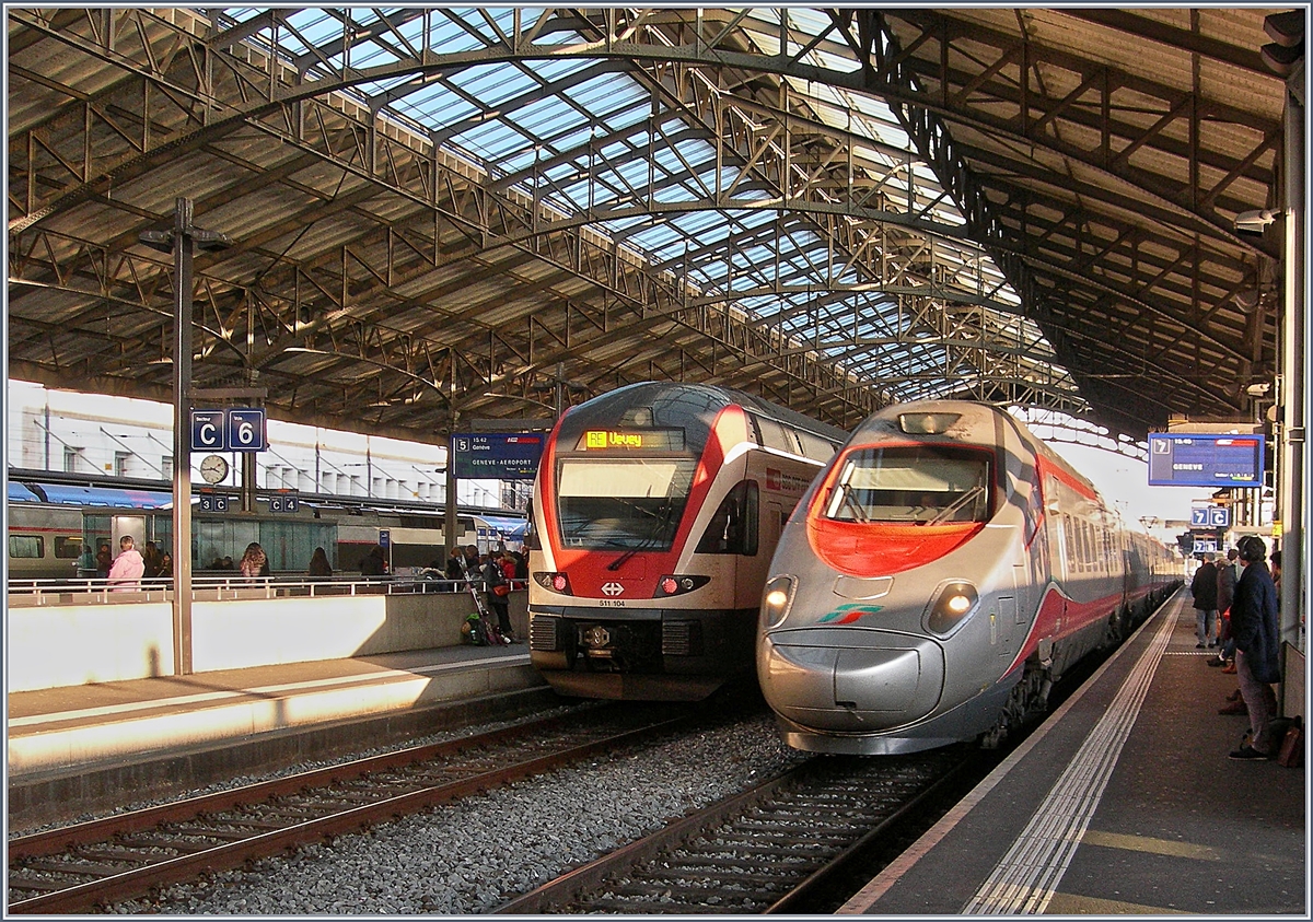 Der FS Trenitalia ETR 610 104 (UIC N° 9385 5610 104-7 CH-TI) erreicht als EC 34 von Milano nach Genève pünktlich Lausanne.
13. Jan. 2018