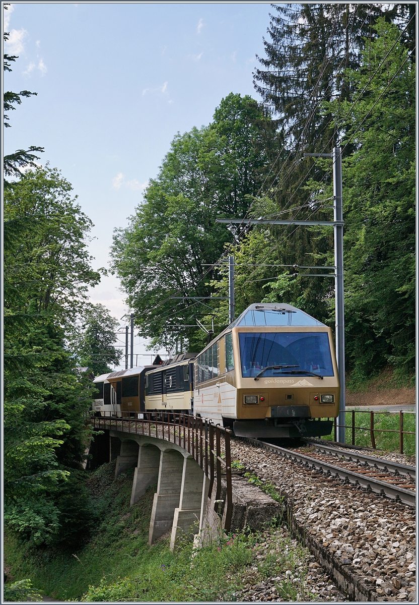 Der MOB Ast 116 noch in der  GoldenPass -Farbgebung an einen MOB Panoramic Express auf der Fahrt in Richtung Montreux kurz vor Sendy-Sollard.

17. Mai 2020