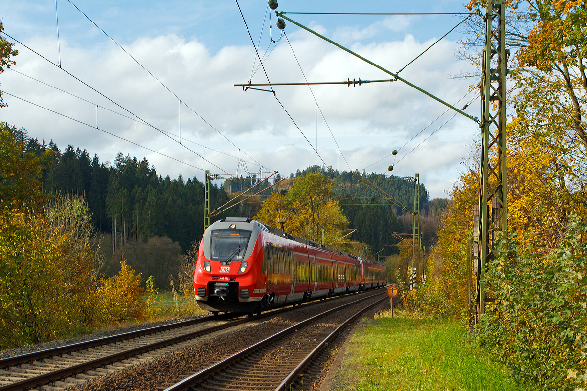 
Der RE 9 - Rhein Sieg Express (RSX) Aachen - Köln - Siegen, bestehend aus zwei gekuppelten vierteiligen Bombardier Talent 2 - 442 755 / 255 und 442 758 / 258, fährt am  26.10.2014 durch Freusburg in Richtung Siegen.