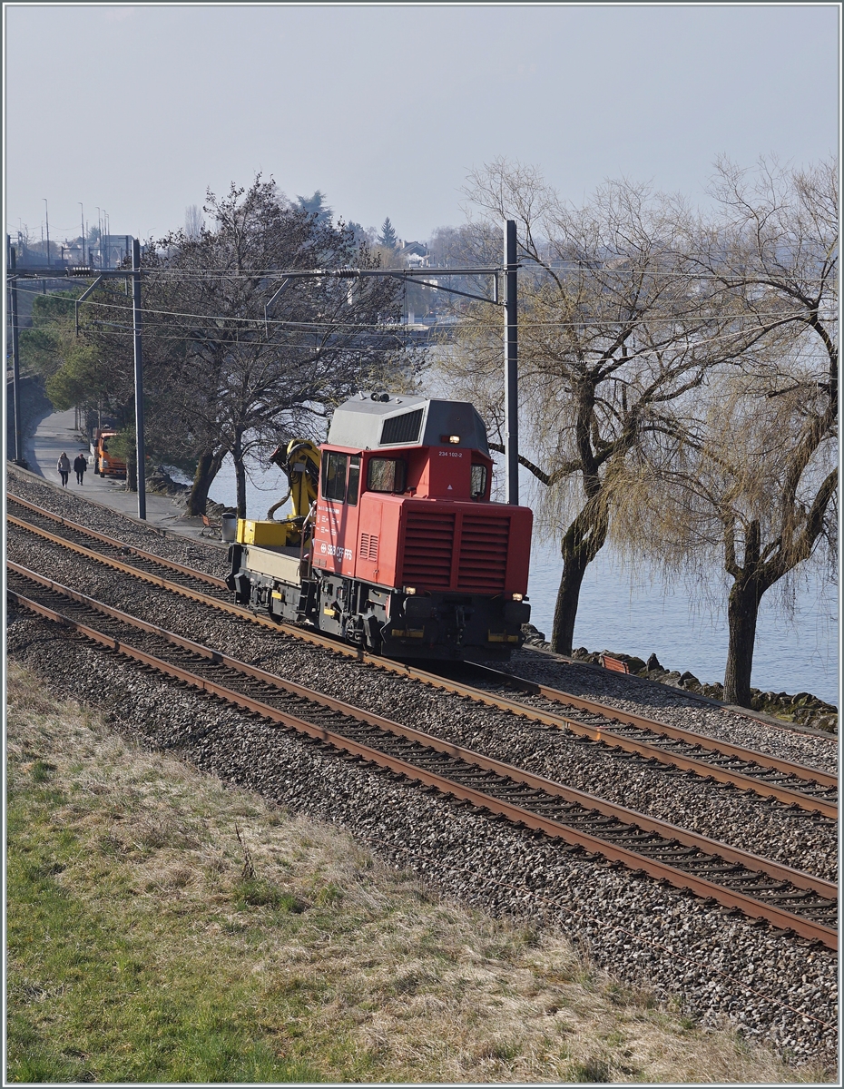 Der SBB Tm 234 102 (98 85 5 231 102-2 CH-SBB I)  Ameise  ist kurz nach Villeneuve auf dem Weg nach Montreux.

8. M�rz 2022