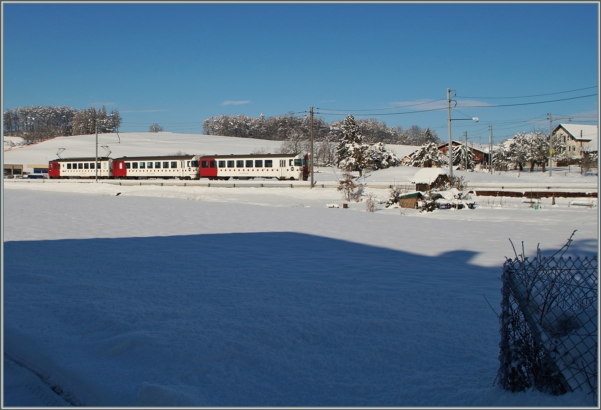 Der TPF Regionalzug 18412 von Palézieux nach Bulle erreicht in Kürze Châtel St-Denis.
21. Jan. 2015