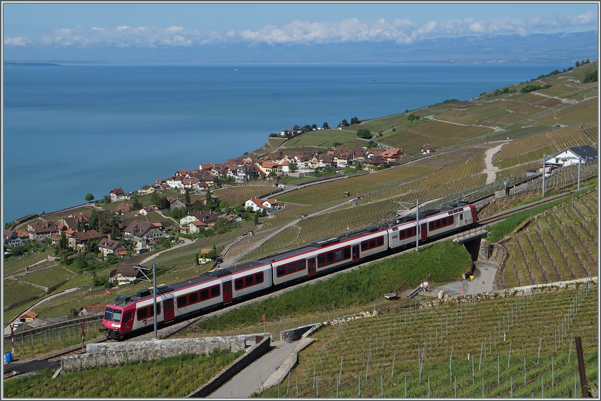 Der Travys Domino RBDe 560 384-0 im Einsatz auf der  Train des Vignes  Linie Vevey - Puidoux-Chexbres bei Chexbres als S31 12064.
6. Mai 2015
