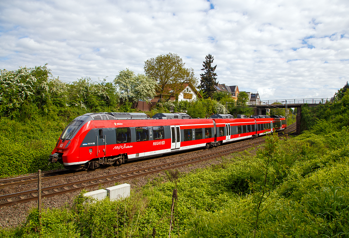 
Der vierteilige Bombardier Talent 2 - 442 204 / 442 704  M�den  f�hrt am 28.04.201, als RB 81  Moseltalbahn  (Koblenz  – Cochem – Trier), durch Koblenz-Moselwei�, gleich geht es auf der G�lser Eisenbahnbr�cke �ber die Mosel.