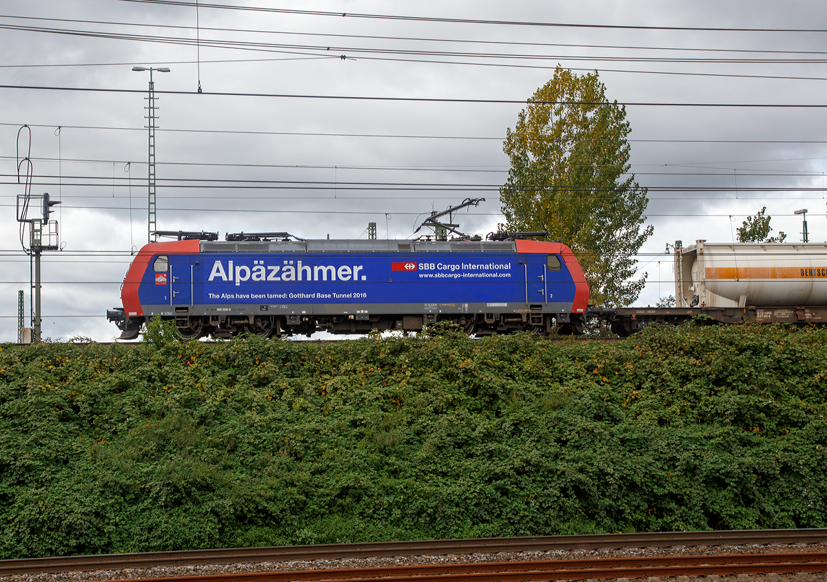 
Die  Alpäzähmer   Re 482 026-2 (91 85 4482 026-2 CH-SBBC) der SBB Cargo International AG fährt am 07.10.2015 mit einem Containerzug durch Köln-Gremberg. Hier aufgenommen vom Bahnsteig am Hp Köln-Steinstraße.

Die Bombardier TRAXX F140 AC1 wurde 2003 von Bombardier in Kassel unter der Fabriknummer 33595 gebaut. 

SBB Cargo International präsentiert sich als «Alpäzähmer»:
In etwas mehr als einem Jahr, am 11. Dezember 2016, ist es soweit: Der längste Tunnel der Welt, der Gotthard-Basistunnel, wird in Betrieb genommen. SBB Cargo International, das führende Eisenbahnverkehrsunternehmen für den Güterverkehr auf der Nord-Südachse, zeigte aus diesem Anlass am 14. August 2015 in Köln Eifeltor ein neues Design für seine Lokomotiven. 

„Alpäzähmer“ ist eine von SBB Cargo International geschützte Marke, bei der es sich um eine Wortkreation aus dem Substantiv „Alpen“ und dem Verb „zähmen“ handelt. Durch den Gotthard-Basistunnel (Länge: 57 km) sind die Alpen als Hindernis für den Güterverkehr bezwungen. 
