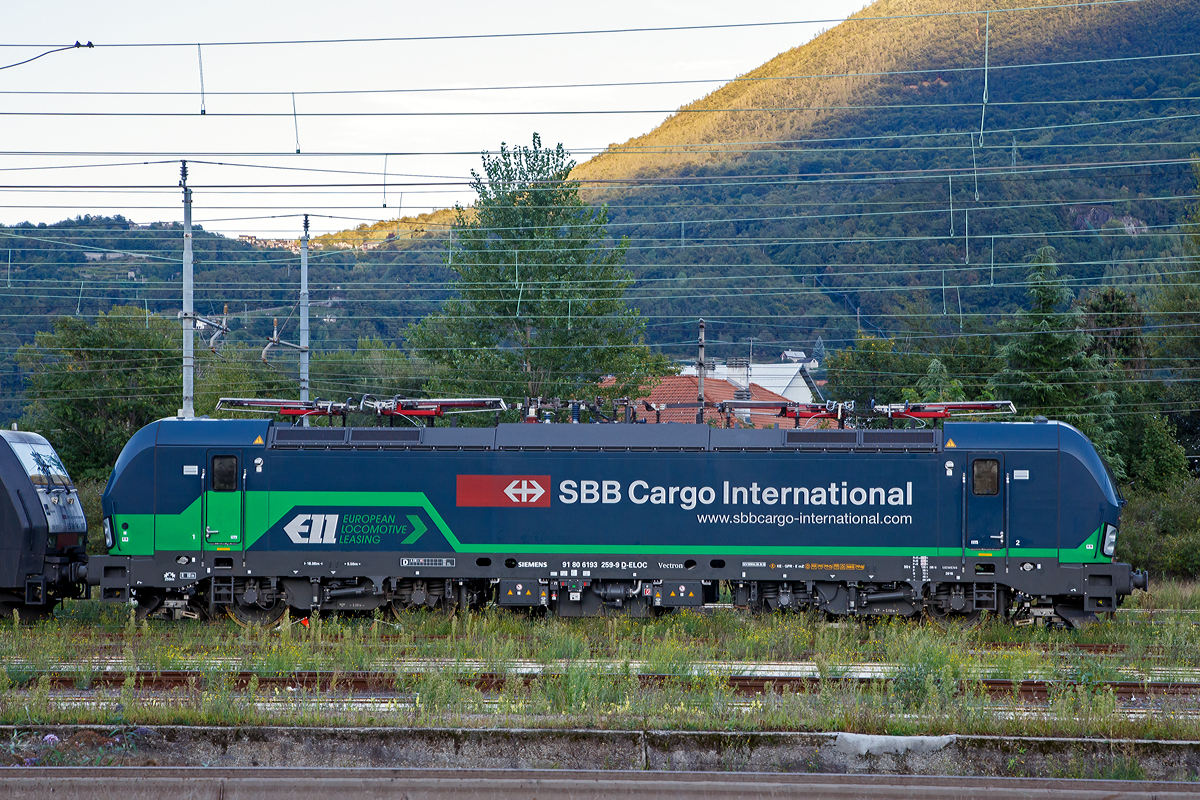 Die an die SBB Cargo International AG vermietete Siemens Vectron MS 193 259-9 (91 80 6193 259-9 D-ELOC), abgestellt am 14.09.2017 im Bahnhof Domodossola. 

Die Vectron MS wurde 2016 von Siemens in M�nchen unter der Fabriknummer 22155 f�r die ELL - European Locomotive Leasing in Wien gebaut. 

Die ELL Austria GmbH (kurz f�r European Locomotive Leasing) ist eine Leasinggesellschaft f�r Schienenfahrzeuge mit Sitz in Wien. Das Unternehmen verf�gt seit 2014 �ber einen Fuhrpark von elektrischen Lokomotiven des Typs Siemens Vectron AC, DC und MS. ELL tritt als Halter der Fahrzeuge auf, die Halterkennung in der UIC-Kennzeichnung der Triebfahrzeuge ist D-ELOC.