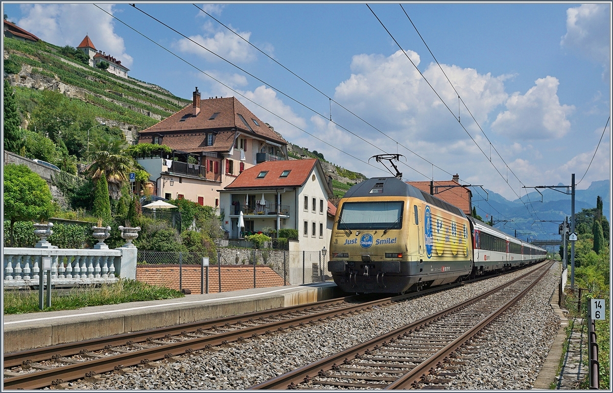 Die Bananenlok Re 460 029-2 passt zum mediterranen Flaire von St-Saphorin. 
23. Juli 2018