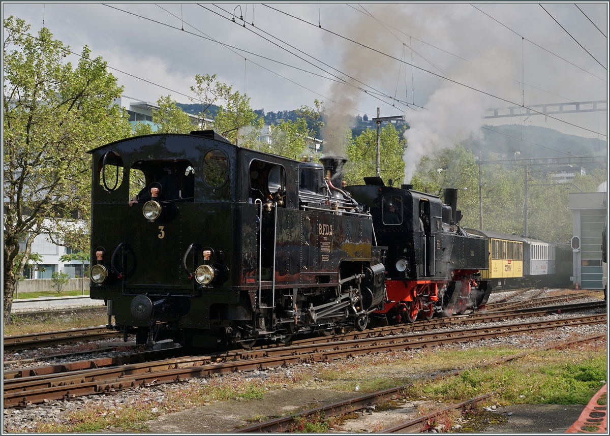 Die BFD HG 3/4 N° und die SEG G 2x 2/2 105 in Vevey.
14. Mai 2016