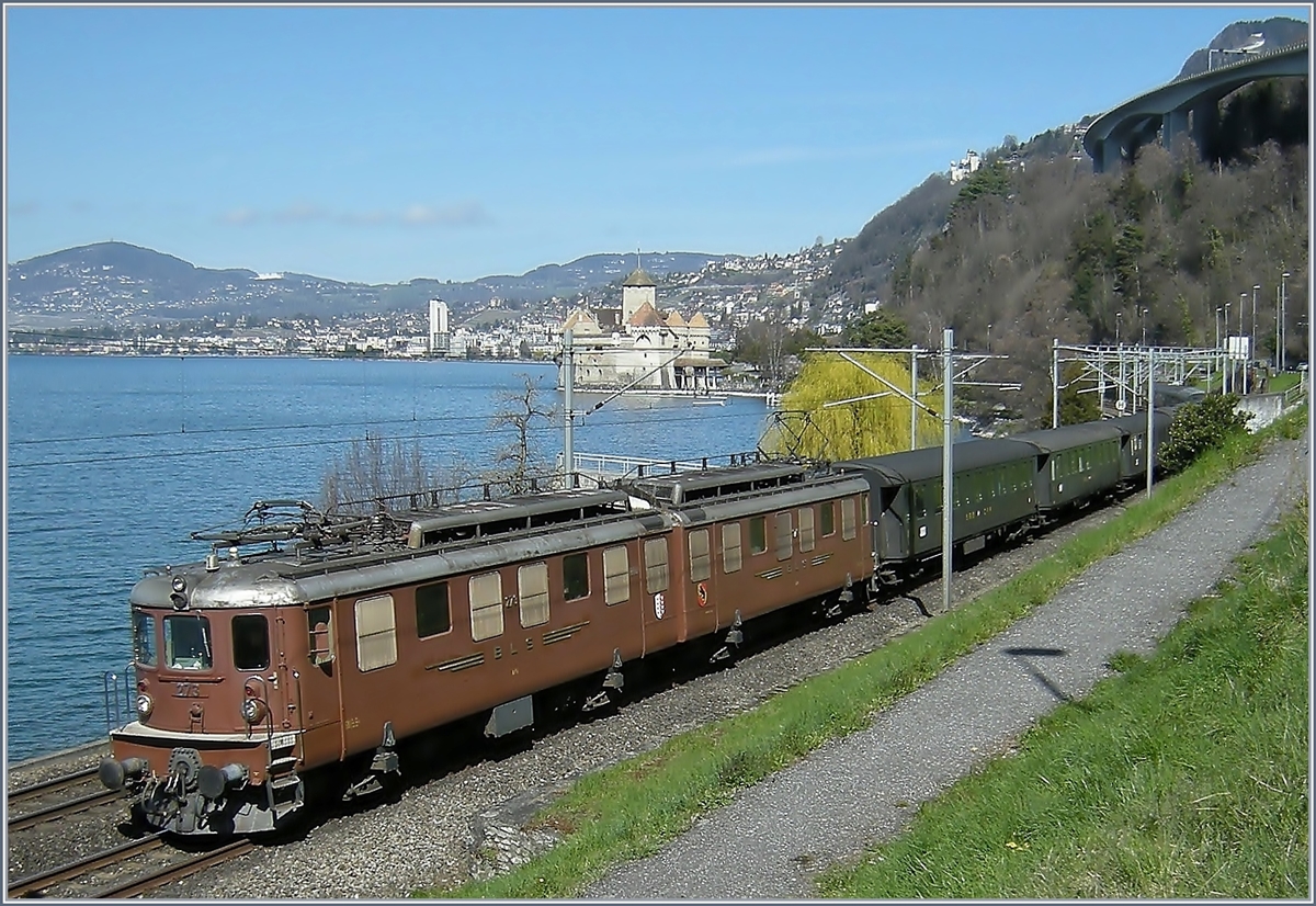 Die BLS Ae 8/8 273 mit einem Eurovapor Sonderzug Richtung Brig beim Ch�teau de Chillon.
29. M�rz 2008