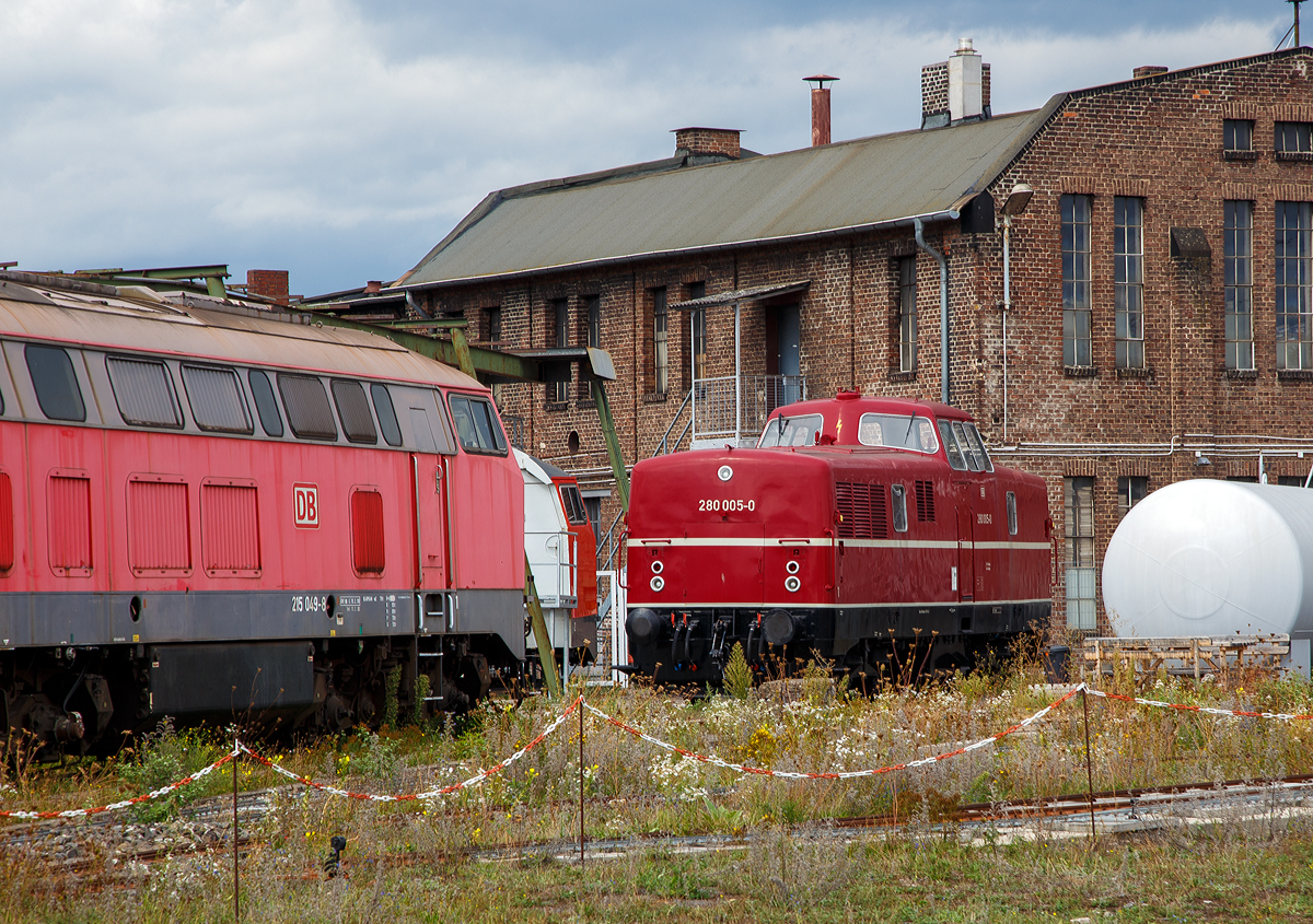 Die DB 280 005-0, ex DB V 80 005, ex am 04.09.2020 im DB Museum Koblenz.

Die V 80 wurde 1952 Krauss-Maffei in München-Allach unter der Fabriknummer 17720 gebaut und als V80 005 an die Deutsche Bundesbahn geliefert,1968 erfolgte die Umzeichnung in DB 280 005-0. Die z-Stellung und Ausmusterung bei der DB erfolgte 1978. Nach einer Aufarbeitung im AW Nürnberg wurde sie dann nach Italien an die Edile Ferroviaria Nicola Cioce S.L.R. (Bari) verkauft hier verrichtet sie als T 6509 bis 2008.

Beim Brand des Lokschuppens des DB Museum Nürnberg am 17. Oktober 2005, wurde die damalige Museumslok 280 002 zerstört. Als Ersatz erhielt das DB Museum im Juni 2008 im Tausch gegen eine Diesellok der Baureihe 216 aus dem eigenen Bestand die 280 005 aus Italien. Im April 2013 wurde sie im Dampflokwerk Meiningen in Ursprungslackierung mit Computerbeschriftung äußerlich aufgearbeitet.

Ab 1951 wurden bei MaK und Krauss-Maffei je 5 Lokomotiven des Typs V 80 gebaut, der von der Deutschen Bundesbahn und der Industrie entwickelt worden war, wobei zahlreiche neue Technologien angewandt wurden. Dies betraf einerseits die moderne Schweißtechnik, die im Stahlbau zur Anwendung kam, andererseits wurde eine ganz neue Konzeption der Lok verwirklicht. Sie besaß einen selbsttragenden Lokkasten und Drehgestelle, deren Radsätze von einem hydraulischen Getriebe aus über Gelenkwellen angetrieben wurden. Für die Versorgung von Dampfheizungen bei Personenzügen wurde im kurzen Vorbau ein Heizkessel eingebaut.

Im Zuge der sich anschließenden zahlreichen Erprobungen konnte die Eignung der Gelenkwellen zur Kraftübertragung nachgewiesen werden, wodurch die Realisierung des späteren DB-Typenprogramms erst ermöglicht wurde. Im regulären Betrieb wurden die Loks dann im leichten Haupt- und Nebenbahndienst eingesetzt, bevor die Letzten von ihnen im Jahr 1978 ausgemustert wurden. Lediglich die von Krauss-Maffei gebaute V 80 002 blieb als betriebsfähige Museumslok bei der DB vorhanden, während die übrigen nach Italien verkauft wurden, diese wurde aber beim großen Lokschuppenbrand des Nürnberger Verkehrsmuseums am 17. Oktober 2005 ein Opfer der Flammen und wurde später verschrottet.

Der Bau einer Serie wurde nicht realisiert, da die V 80 sich in ihrer ursprünglichen Aufgabe als Universallok letztendlich nicht bewährte. Die Nachfolge haben zumeist die konzeptionell recht ähnlichen Loks des Typs V 100.10 und die verschiedenen Rangierlokomotiven übernommen.

Technische Daten:
Spurweite: 1435 mm
Achsfolge:  B´B´
Länge über Puffer: 12.800 mm
Drehzapfenabstand: 6.300 mm
Drehgestellachsstand:  2.900 mm 
größte Breite:  3.115 mm
größte Höhe über Schienenoberkante:  4.160 mm
Raddurchmesser neu:  950 mm
kleinster befahrbarer Gleisbogen:  80 m
Dienstgewicht:  58 t
Kraftstoffvorrat:  1350 l 
Höchstgeschwindigkeit:  100 km/h

Motor:        
Ursprünglich ein Daimler-Benz MB820Bb mit 1000 PS (736 kW) bei 1500 1/min
Der Motor wurden später gegen einen MTU MB 12 V 493 TZ  ein 12-Zylinder Viertakt-Dieselmotor, mit Abgasturbolader ausgetauscht, diese hat eine Leistung von 1100 PS.
          
Getriebe: Mekydro-Getriebe K104 von Maybach       
Die Kraftübertragung vom Motor auf die Radsätze erfolgt über das hydrodynamisches Getriebe über Gelenkwellen auf die einzelnen Radsatzvorgelegen in den Drehgestellen.

Die Diesellokomotivbaureihe V80 stellte einst eine Revolution im deutschen Lokomotivbau dar, so wollen wir hoffen das diese Lok als ein würdiges Denkmal erhalten bleibt.