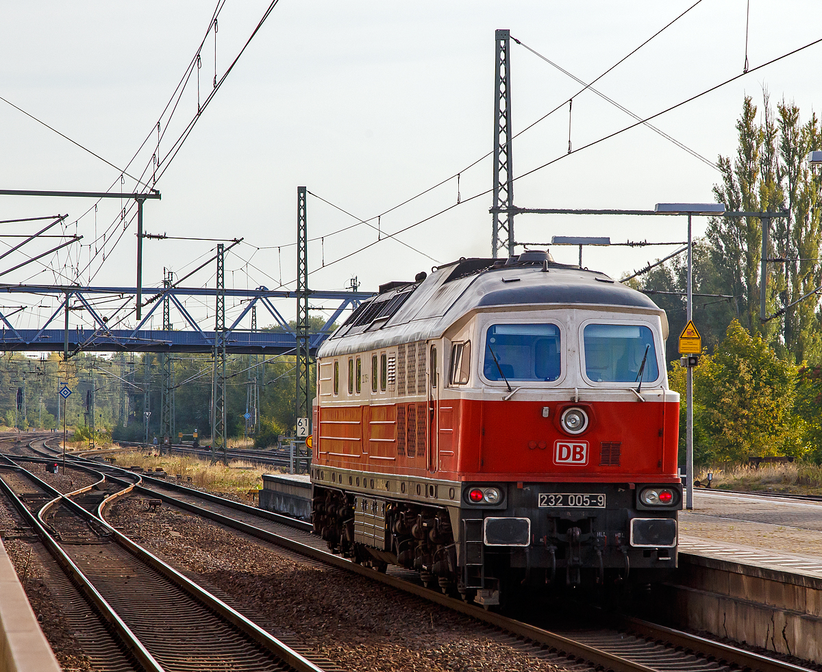 Die DB   Ludmilla  232 005-9 (92 80 1232 005-9 D-DB) der DB Cargo Deutschland AG, ex DR 132 005-0 fährt am 20.09.2018 durch den Bahnhof Brandenburg an der Havel. 

Die Ludmilla bzw. DR V 300 wurde 1973 von Lokomotivfabrik Oktober-Revolution, Woroschilowgrad  (Sowjetunion) unter der Fabriknummer 0195 und als 132 005-0 an die DR geliefert.
