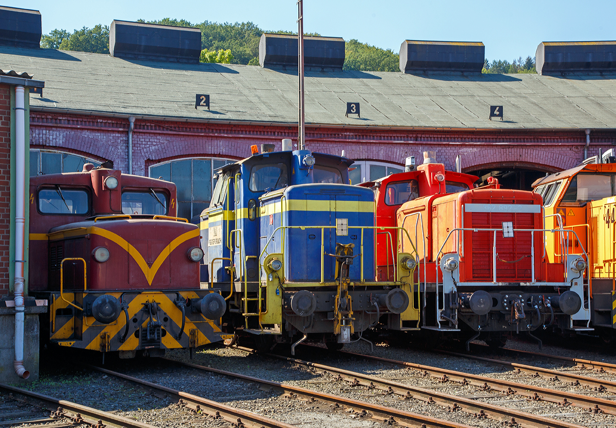 
Die kleinen Dieselhelfer aus den 1960zieger Jahren, ausgestellt am 24.08.2019 beim Lokschuppenfest am 14.08.2019 im Südwestfälische Eisenbahnmuseum in Siegen.

Von links nach rechts: 
Die ex KWD 11, später SK 11)Siegener Kreisbahn), 98 80 3942 018-3 D-EFBS eine Jung R 42 C, Baujahr 1960, Fabriknummer 13119;

Die ex DB 364 535-5, ex DB 360 535-9, ex DB 260 535-0, ex DB  V 60 535, Baujahr 1959 von Krupp in Essen unter der Fabriknummer 3958. Im Jahr 2006 von der DB an Reiner Brach GmbH & Co. KG, Werk Bremen verkauft, seit Februar 2019 im Besitz der NOBEG Reinold Eisenbahndienstleistungen; 

Die ex DB 362 892-2, ex DB 364 892-0, ex DB 360 892-4, ex DB 260 892-5, ex DB V 60 892, Baujahr 1959 von der Maschinenfabrik Esslingen AG unter der Fabriknummer 5261. Anfang 2019 von der DB Cargo ausgemustert und an die RNE Rhein-Neckar-Eisenbahnservicegesellschaft mbH verkauft, 

Die beiden V60 warten in Siegen auf eine neue Lackierung durch Rail-Design Bäcker.

