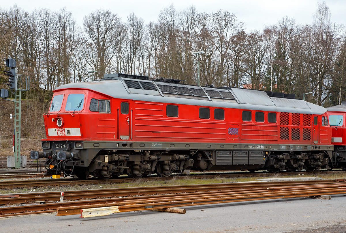
Die  Ludmilla  233 219-5 (92 80 1233 219-5 D-DB) der DB Cargo Deutschland AG, ex DB 232 219-6, ex DR 132 219-7, ist am 27.03.2016 in Marktredwitz abgestellt.

Die V 300 wurde 1975 von LTS (Luhanskyj Teplowosobudiwnyj Sawod auch bekannt als Lokomotivfabrik Lugansk (ehemals Woroschilowgrad)) unter der Fabriknummer 0433 gebaut und als 132 219-7 an die Deutsche Reichsbahn (DR) geliefert. Zum 01.01.1992 erfolgte die Umzeichnung in DR 232 219-6 und zum 01.01.1994 dann in DB 232 219-6. Im Jahre 2002 erfolgte dann der  Umbau und Remotorisierung mit neue zw�lfzylinder Dieselmotor: 12D49M im Ausbesserungswerk Cottbus, so erfolgte zum 01.10.2002 die Umzeichnung in DB 233 219-5.

In den 1960er Jahren wurde auf politischer Ebene beschlossen, dass der Traktionswandel in der DDR vor allem durch Diesellokomotiven zu erfolgen habe. Wegen der Spezialisierungsvereinbarungen innerhalb des RGW konnte der k�nftige Bedarf der DR an leistungsstarken Diesellokomotiven aber nicht mehr aus einheimischer Produktion gedeckt werden, da bei so hohen PS-Leistungen elektrische Fahrmotoren ben�tigt werden. Der im deutschsprachigen Raum �bliche dieselhydraulische Antrieb fiel damit aus.

Die damalige DR hatte bis dahin keine Erfahrung mit dieselelektrischer Antriebstechnik. Zudem gab es einen Beschluss innerhalb des RGW, dass Maschinen mit mehr als 2000 PS nicht in der DDR gebaut werden sollten, da bereits sehr viele kleinere Diesellokomotiven aus DDR-Produktion kamen und die UdSSR um ihre Vormacht bei Gro�diesellokomotiven f�rchtete. Die Versuchslok V240 blieb deshalb ein Einzelst�ck.

Neben den reinen G�terzugloks der Bauart M62 (V 200, DR-Baureihe 120) „Taigatrommel“ sollten auch 3000 PS starke, 140 km/h schnelle Loks mit elektrischer Zugheizung (sp�ter auch 160 km/h schnelle Maschinen mit 4000 PS Leistung) aus der Sowjetunion beschafft werden. Deren Konstruktion erfolgte nach den Vorgaben der DR bei der Lokomotivfabrik Luhansk (damals Woroschilowgrad). Da eine zentrale elektrische Zugheizung f�r russische Verh�ltnisse eher ungeeignet ist, mussten entsprechende Aggregate v�llig neu entwickelt werden und standen zum Lieferbeginn noch nicht zur Verf�gung.

Die Lokomotiven der Baureihe 130 (DB 230), BR 131 (DB 231), BR 132 (DB 232, 233, 234 und 241) und BR 142 (DB 242) wurden ab 1970 aus der damaligen Sowjetunion in die DDR importiert und bei der Deutschen Reichsbahn in Dienst gestellt. Die Baumuster wurden noch als V 300 auf der Leipziger Messe vorgestellt.

Von der Baureihenfamilie wurden zwischen 1970 und 1982 insgesamt 873 St�ck in Dienst gestellt. Im Volksmund sind die Dieselmaschinen unter dem Namen „Ludmilla“  gel�ufig. Heute sind bei der Deutschen Bahn nur noch aus der Baureihe 132 hervorgegangene Lokomotiven im Einsatz.

Die Umbau-Baureihe 233:
Im Jahre 2002 begann man mit dem Stabiliesierungsprogramm der BR 232, zur Erh�hung der Zuverl�ssigkeit, Verf�gbarkeit und Wirtschaftlichkeit, sowie der Reduzierung der Emissionswerte, der Umbau bestand im wesentlichen aus:
Die BR 233 erhielt einen direkteinspritzenden V-12-Zylinder-Viertakt-Dieselmotor des russischen Typs Kolomna 12D49M mit einer Nennleistung von 2.206 kW und einer maximal eingestellten Traktionsleistung von 1.900 kW ausger�stet worden. Da der Umbau f�r den russischen Motor am geringsten war, entschied man sich f�r den Einbau dieses Motors. W�hrend der Originalmotor ein 16-V-Zylinder-Dieselmotor (Kolomna 5D49) war, ist der neue Motor nur noch ein 12-Zylinder-V- Dieselmotor. Der der neue Motor hat einen Hubraum von 165,6 l gegen�ber 220,9 l des alten Motors, die fast gleiche Leistung wird u.a. durch einen h�heren Ladedruck erreicht. Dieser wurde von 1,3 bar auf nun 2,1 bar erh�ht. Aber auch der Einspritzdruck (Beginndruck 380 bar gegen�ber 320 bar) und der max. Verbrennungsdruck (140 bar gegen�ber 115 bar) sind entsprechend h�her.
Wie auch beim alten Motor k�nnen einzelne Zylindergruppen zur Dieseleinsparung bei Nichtbedarf abgeschaltet werden. Insgesamt wurden 65 Lokomotiven mit dem neuen Motor Typ Kolomna 12D49M ausgestattet und zur Unterscheidung als Baureihe 233 bezeichnet, dabei wurden die alten Ordnungsnummern beibehalten. 

System�nderungen gegen�ber dem 5D49 bestehen vor allem im Zweikreisk�hlsystem, der Ausstattung mit zwei �lw�rmetauschern und der Notabstellung mittels Notstopp bzw. Luftabsperrklappe.
Die ver�nderte Lage des Abgasturboladers des 12D49M gegen�ber dem 5D49 im Lokkasten erforderte au�erdem den Einbau eines gek�rzten Schalld�mpfers. Weiterhin wurde die Verbrennungsluftanlage auf eine mit vier Papierfiltereins�tzen best�ckte einseitige Luftansauganlage umger�stet. 

Technische Daten der BR 233:
Spurweite: 1.435 mm (Normalspur)
Achsformel: Co’Co’
L�nge �ber Puffer: 20.820 mm
Drehgestellachsstand:  2 x 1.850 mm (3.700 mm)
Dienstgewicht: 122t
Radsatzfahrmasse:  20,4 t 
Anfahrzugkraft: 294 kN
Dauerzugkraft: 194 kN
H�chstgeschwindigkeit: 120 km/h
Treibraddurchmesser: 1.050 mm

Motorart: direkteinspritzenden V-12-Zylinder-Viertakt-Dieselmotor mit Abgasturbolader und Ladeluftk�hlung, 4 Ventile pro Zylinder
Motorentyp: Kolomna 12D49M
Motorleistung: 2.206kW (2.999 PS) bei 1.000 U/min
Motorhubraum: 165,6 l
Ladeluftdruck: 2,1 bar
Einspritzbeginndruck: 380 bar
Max. Verbrennungsdruck: 140 bar

Leistungs�bertragung: elektrisch
Traktionsgeneratortyp: GS-501A
Traktionsgeneratorleistung: 	2.190kW
Traktionsleistung: 1.830 kW (6 x 305 kW)
Anzahl der Fahrmotoren: 6 (� 305 kW)
Fahrmotortyp: ED 118 A
Tankinhalt: max. 6.000 l
